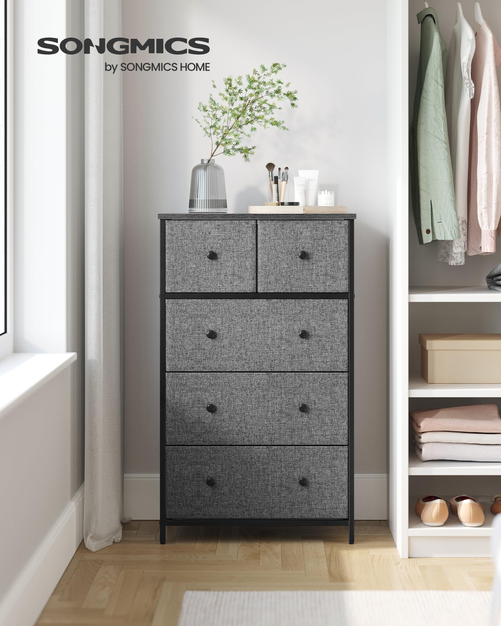 SONGMICS 5-Drawer Fabric Storage Organiser Unit - Grey/Black Wood Grain | 30x56x93 cm
