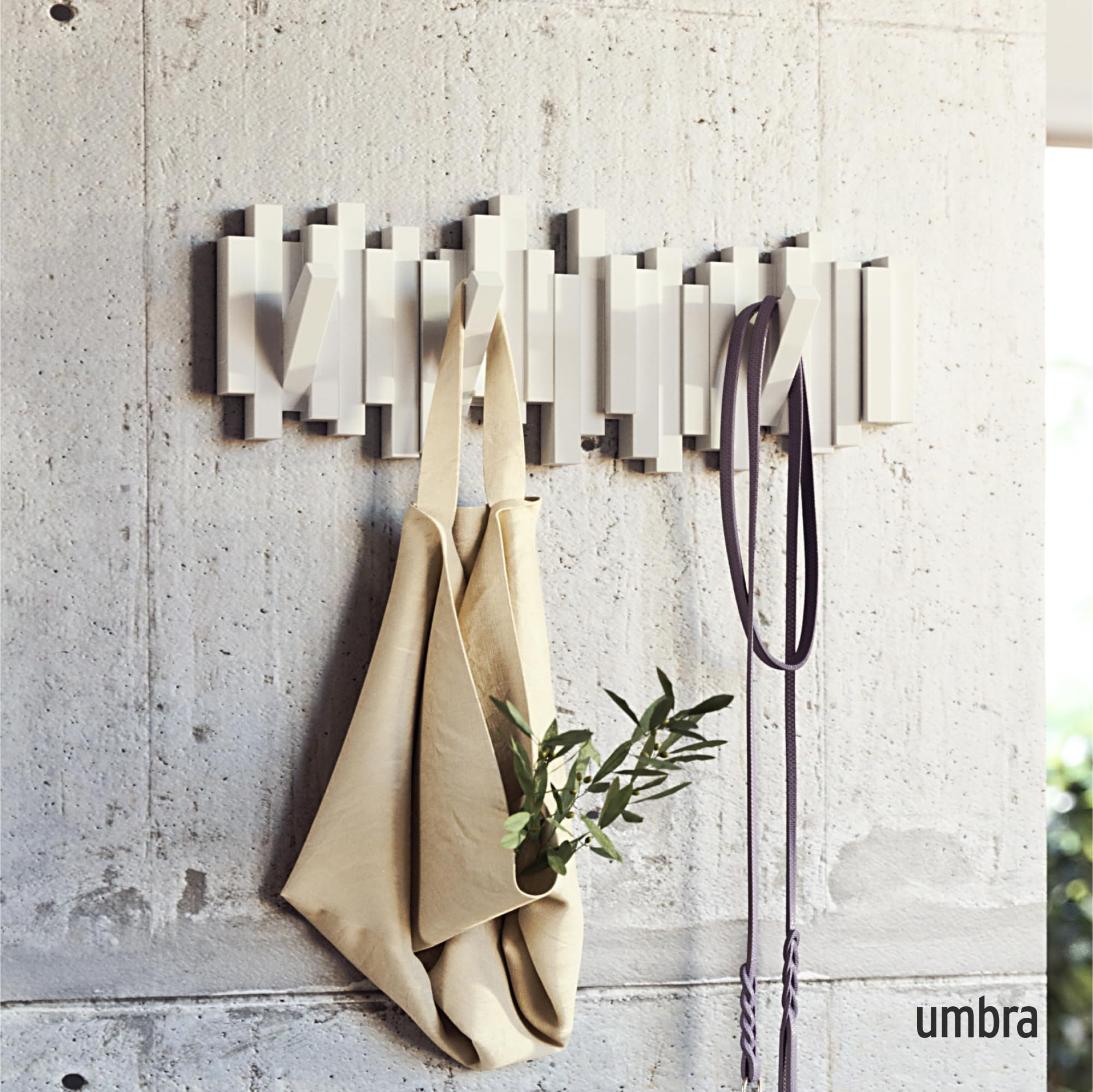 Umbra Sticks Wall-Mounted Coat Rack - 5 Retractable Pegs | Modern Design | White Plastic