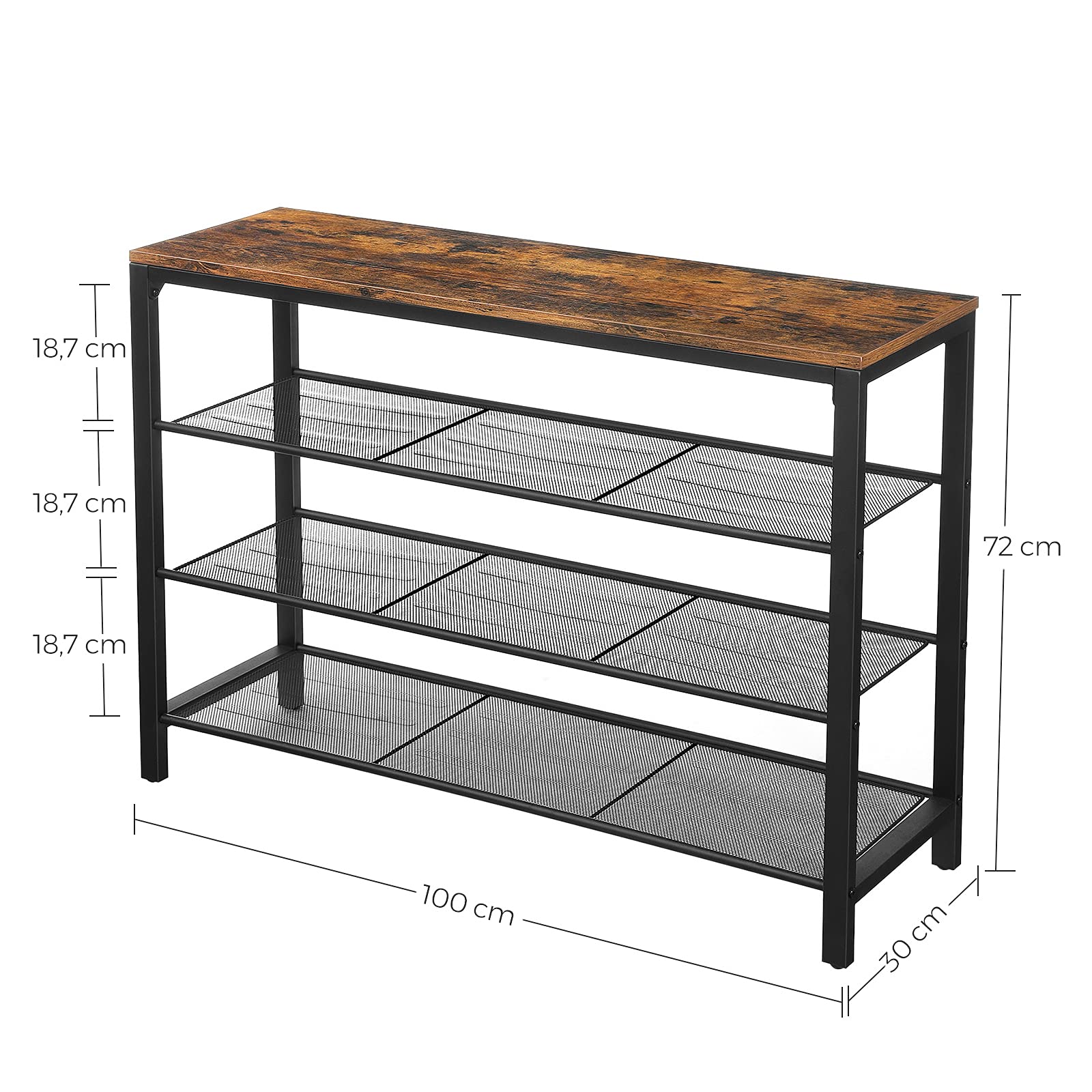VASAGLE Shoe Rack - 4 Tier Metal Organizer | 100 x 30 x 72 cm | Rustic Brown + Black 3