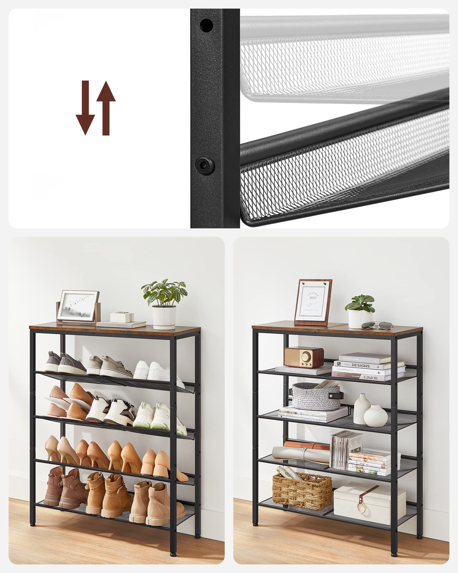 VASAGLE 5-Layer Shoe Rack - Rustic Industrial Design | 20-25 Pair Capacity | 93cm Height 5