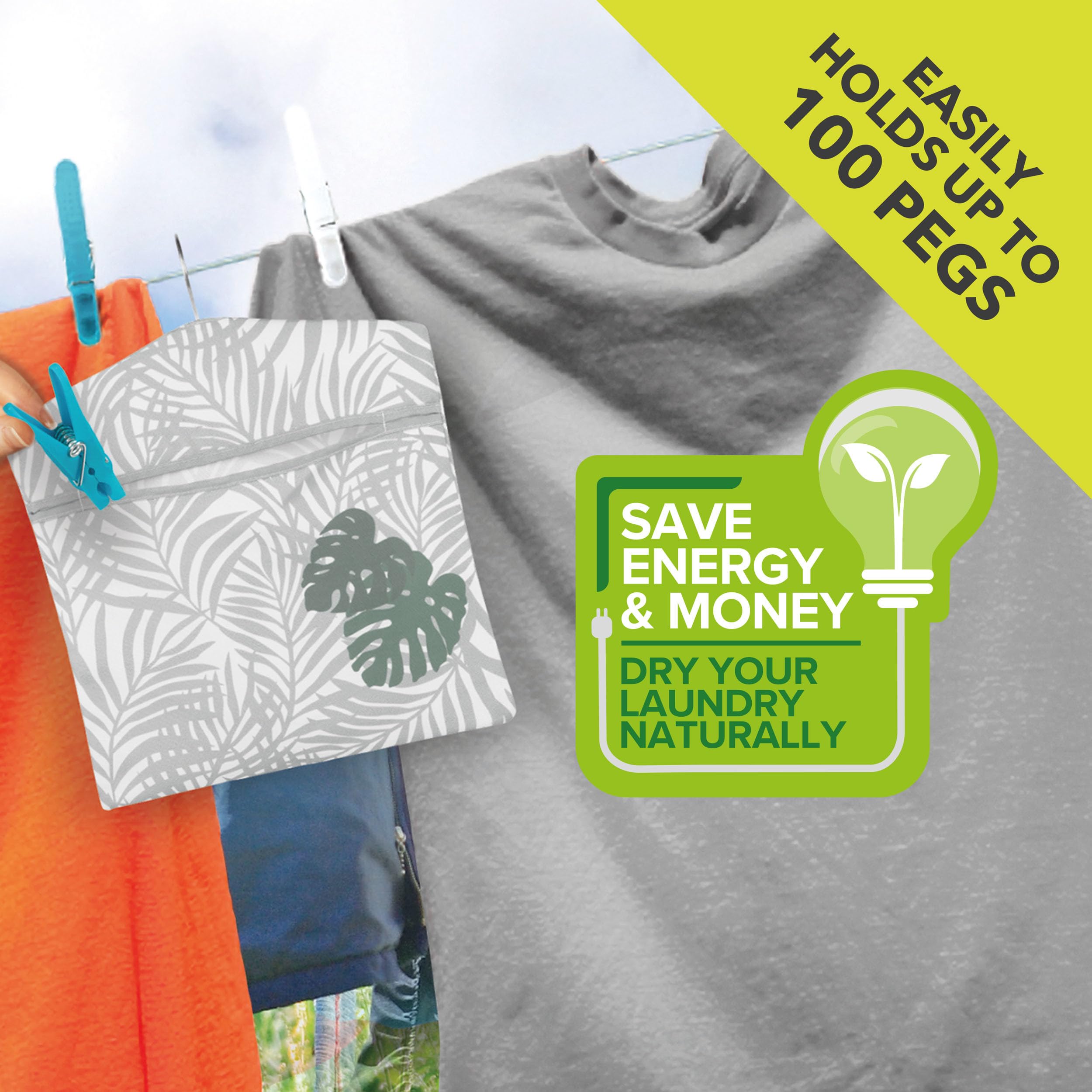 Beldray Palm Leaf Print Peg Bag - Holds up to 100 Pegs | Reusable Indoor/Outdoor Storage | 33 x 30 cm 5