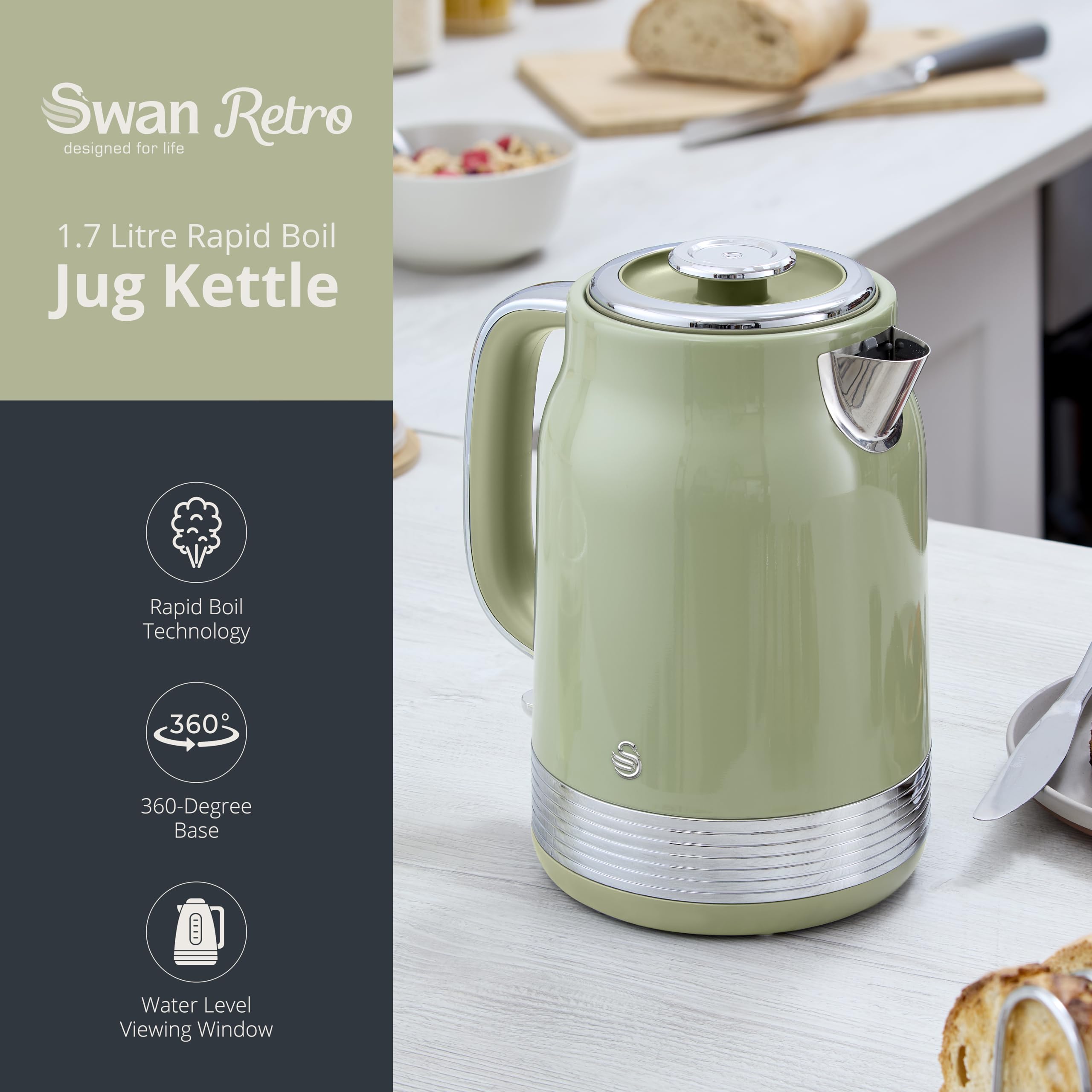 Swan SK19025GRN Retro Jug Kettle, Rapid Boil, Removable Limescale Filter, Easy Pour, 360 Degree Base, Water Indicator Window and Boil Dry Protection 1.7L, 3KW, Green and Stainless Steel 6