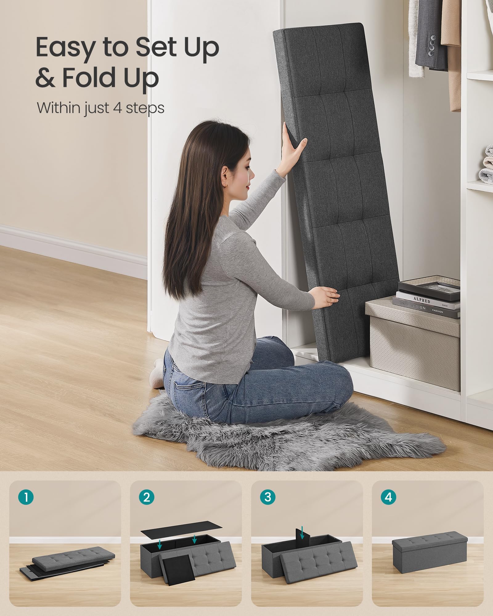 SONGMICS MAZIE Storage Ottoman Bench - 110 cm Folding Foot Rest | 300 kg Capacity | Dark Grey 7