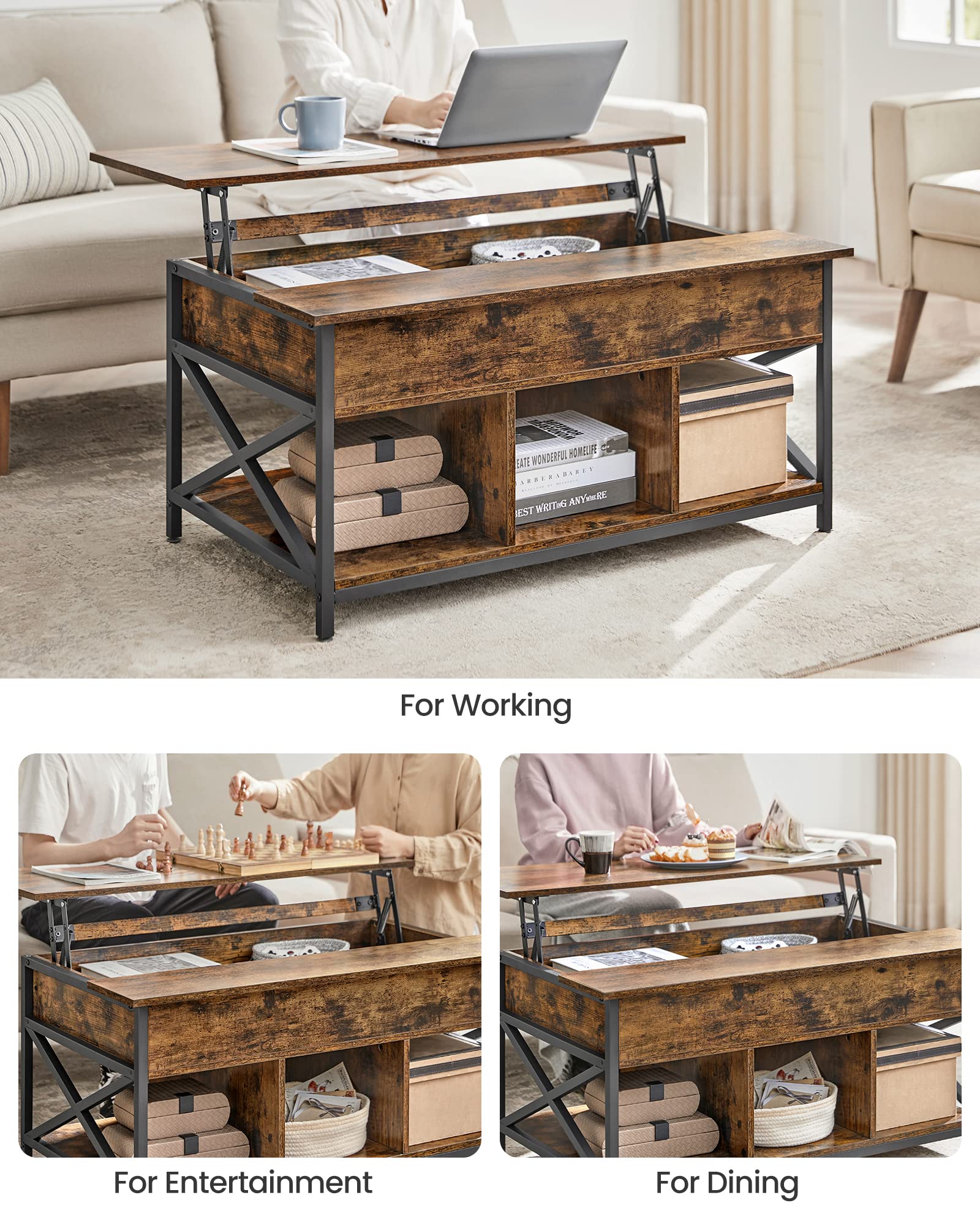 VASAGLE Lift-Top Coffee Table with Hidden Storage | Industrial Style | 60x100x52 cm 7