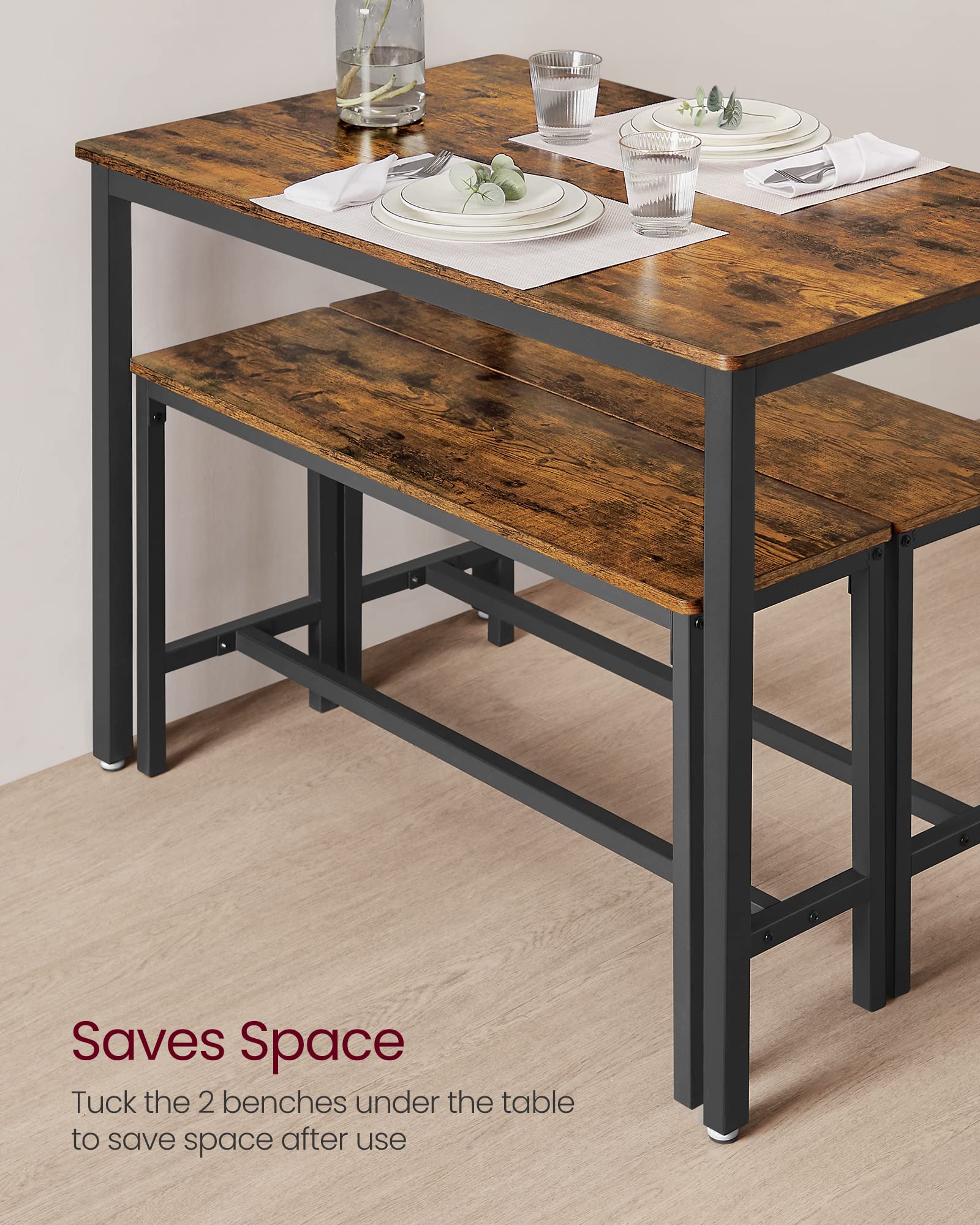 VASAGLE 3 Piece Dining Table Set with 2 Benches | Industrial Design | Rustic Brown & Black | KDT070B01 4
