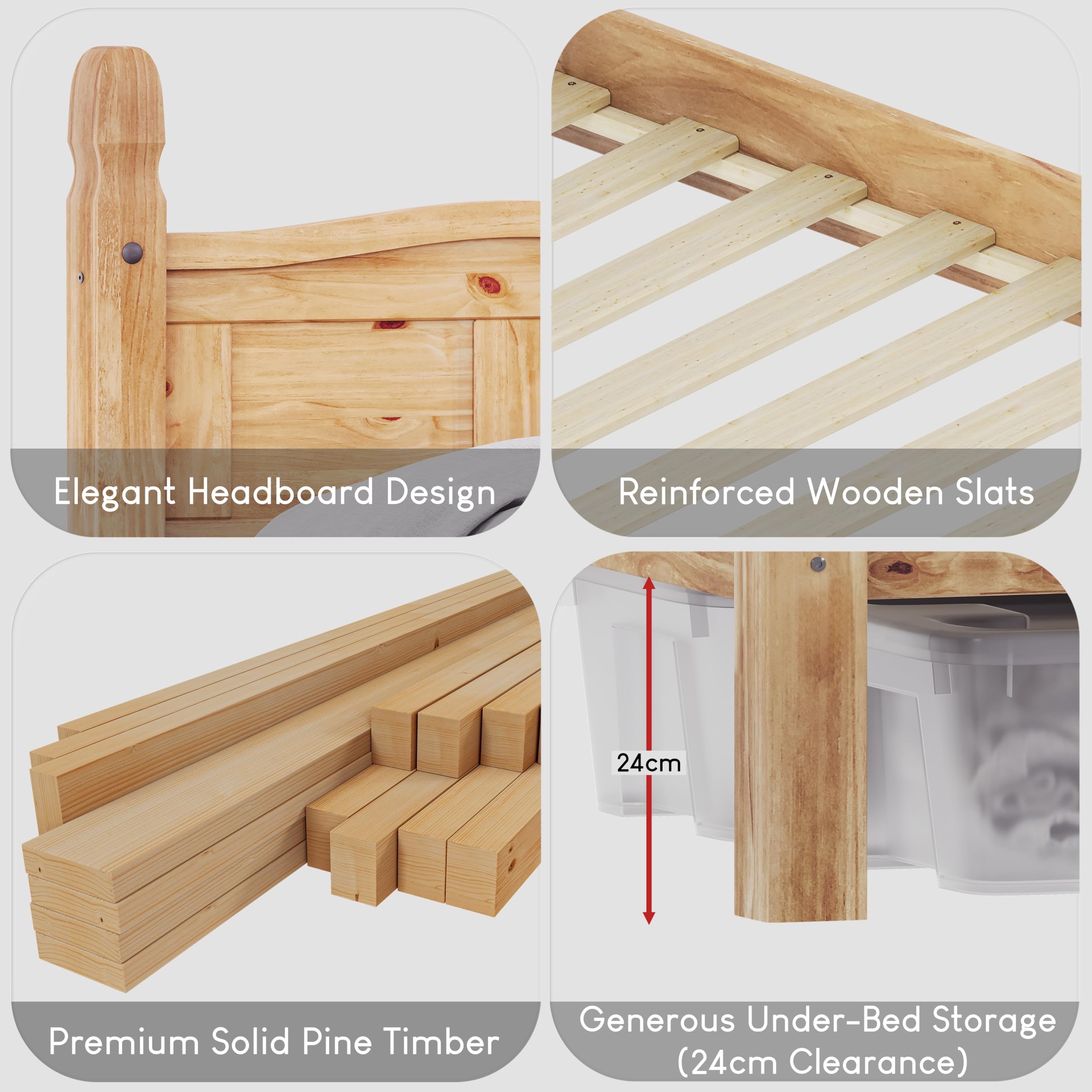 Vida Designs Corona Solid Pine Wood Bed Frame - Double Size | High Foot End | Waxed Finish 4