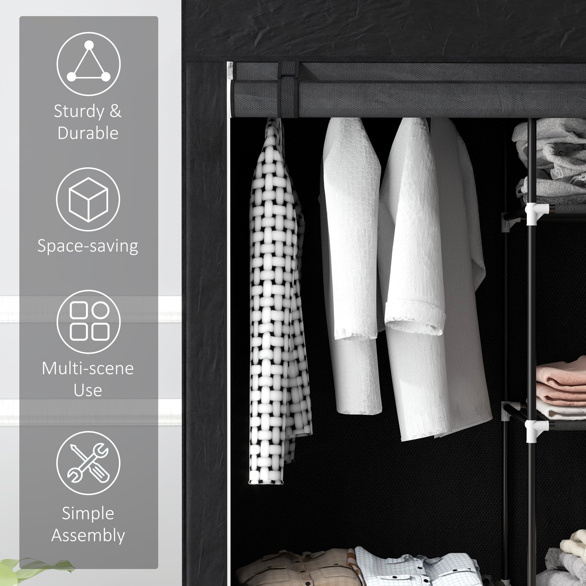 HOMCOM Portable Fabric Wardrobe - 6 Shelves, 1 Hanging Rail, Black | 103W x 43D x 162.5H cm 5