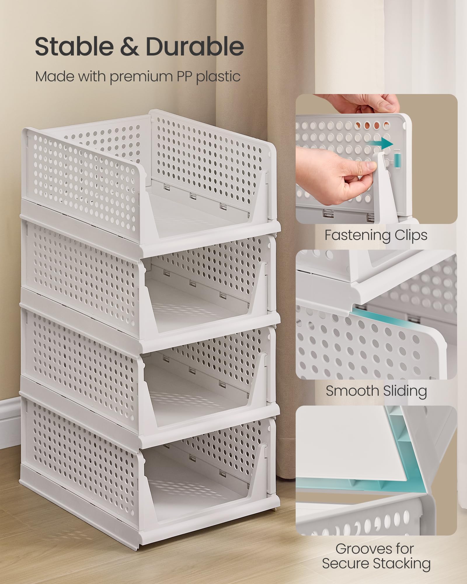SONGMICS Stackable Wardrobe Storage - Set of 6 Foldable Closet Organisers | White Polypropylene 5