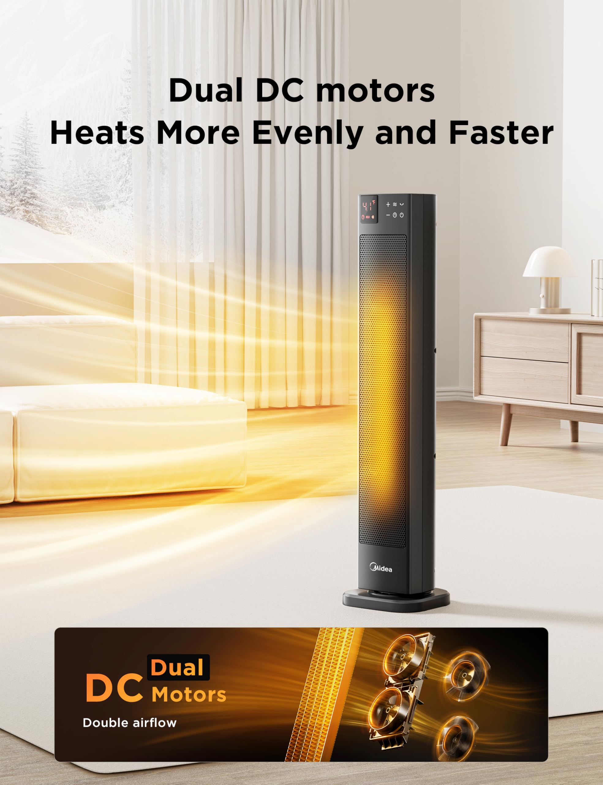 Midea 30 Inch Tower Ceramic Heater - 2000W, 75° Oscillation, Remote Control, 24H Timer 3