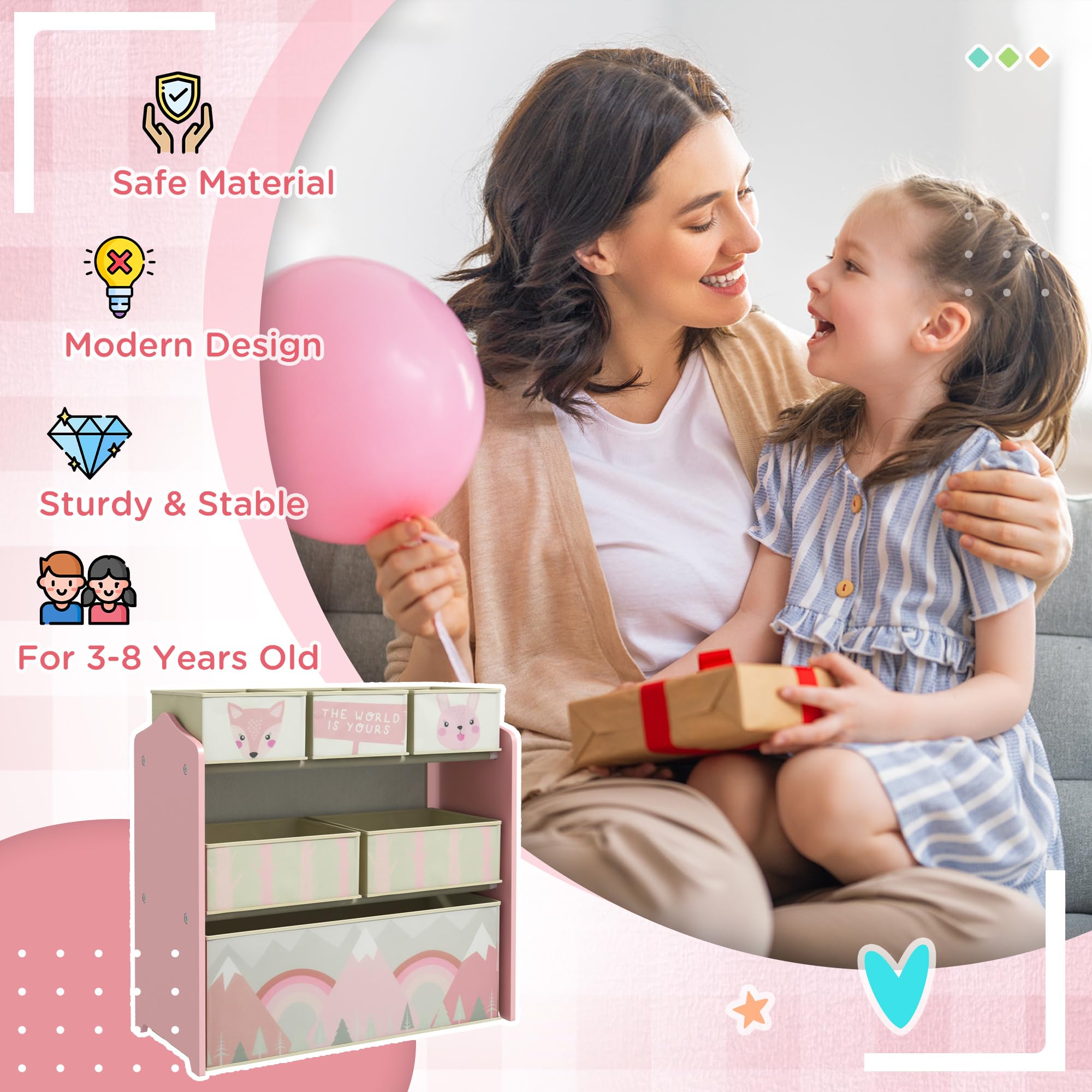 ZONEKIZ Kids Toy Storage Unit Organizer with 6 Detachable Fabric Bins | Pink | 63 x 30 x 66 cm 7