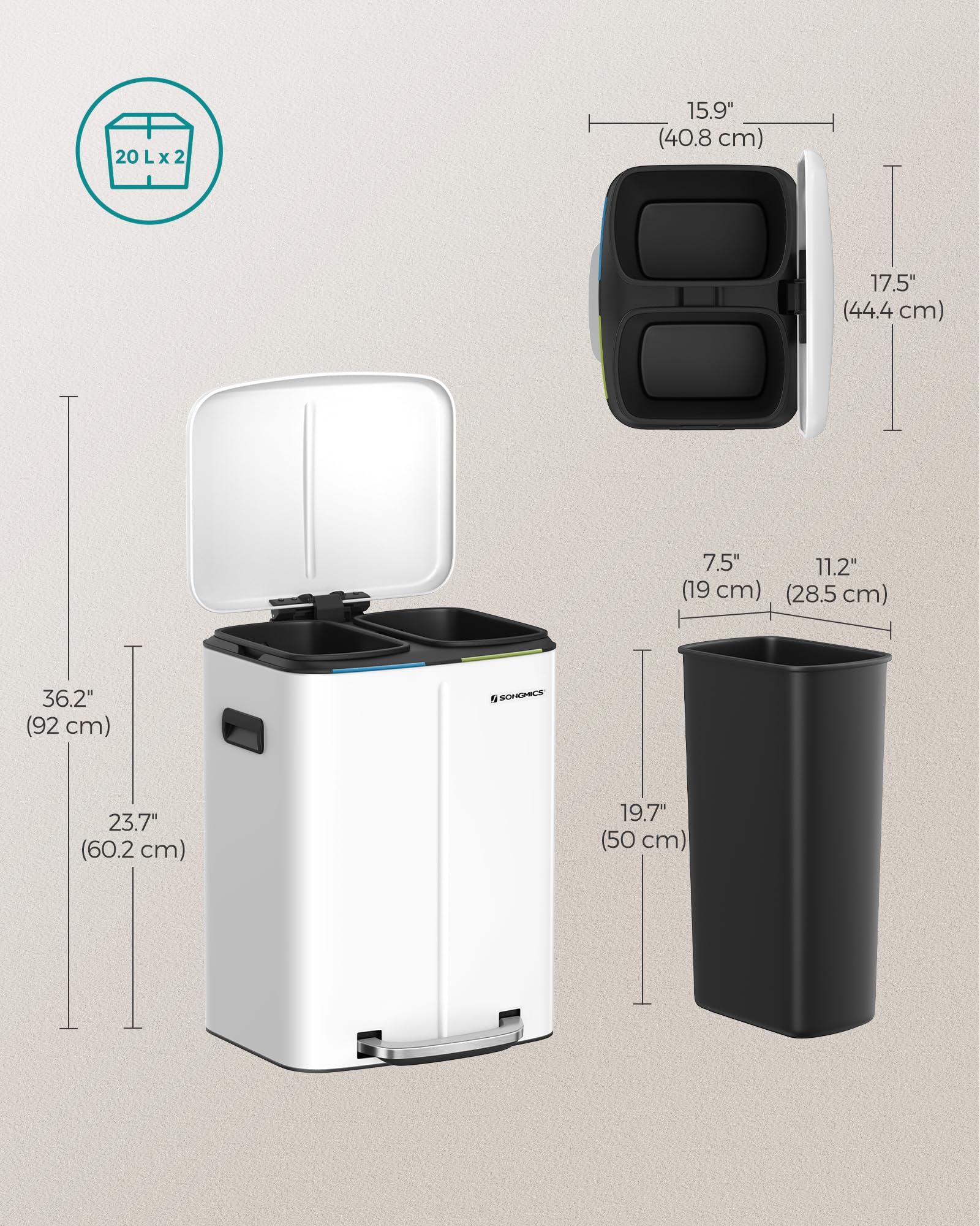 SONGMICS Double Rubbish Bin - 2 x 20L Dual Compartment Kitchen Waste Separation System | White Powder Coated Steel 7