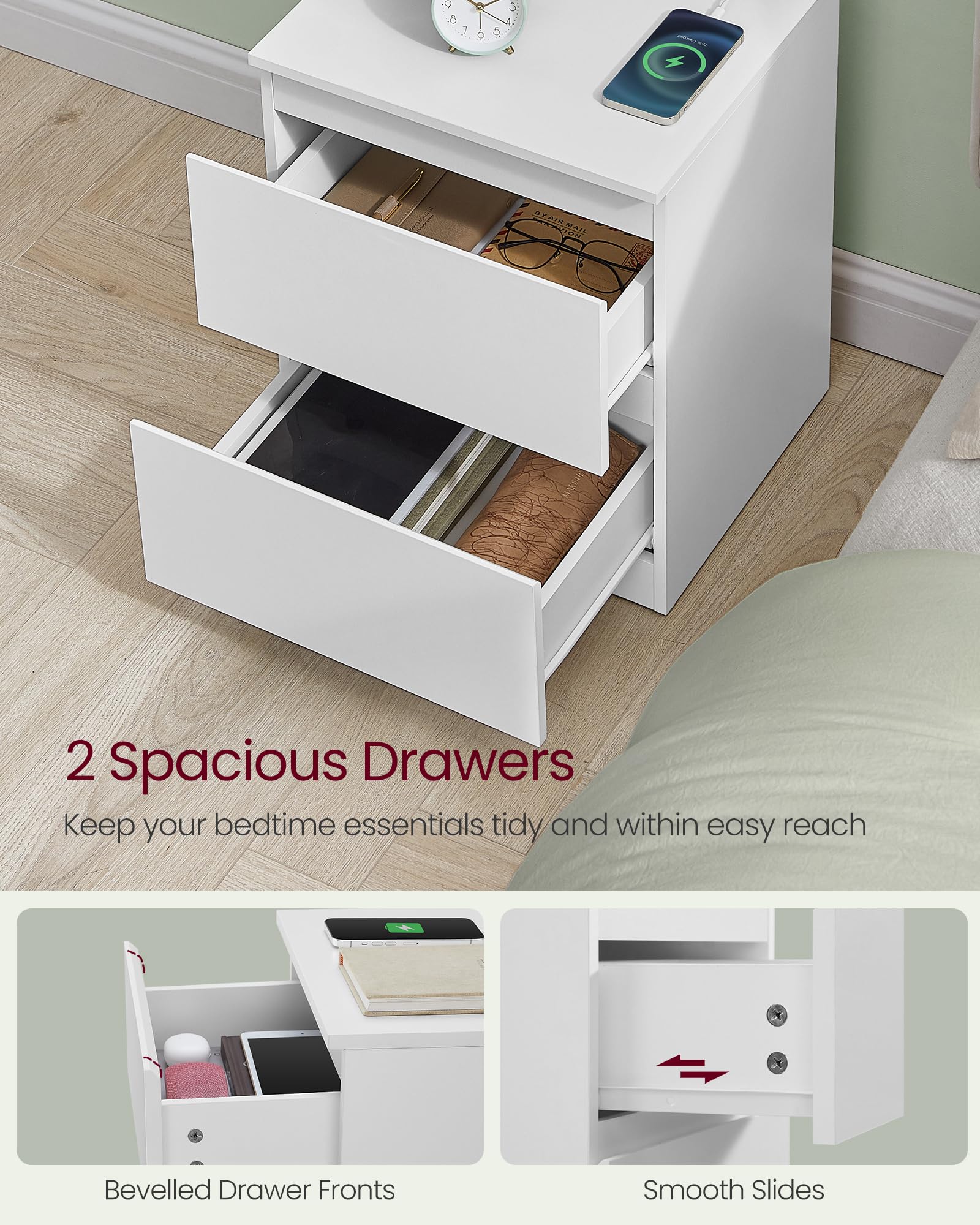 VASAGLE KAILYN Collection Nightstands with Charging Station - Set of 2, Cloud White 5