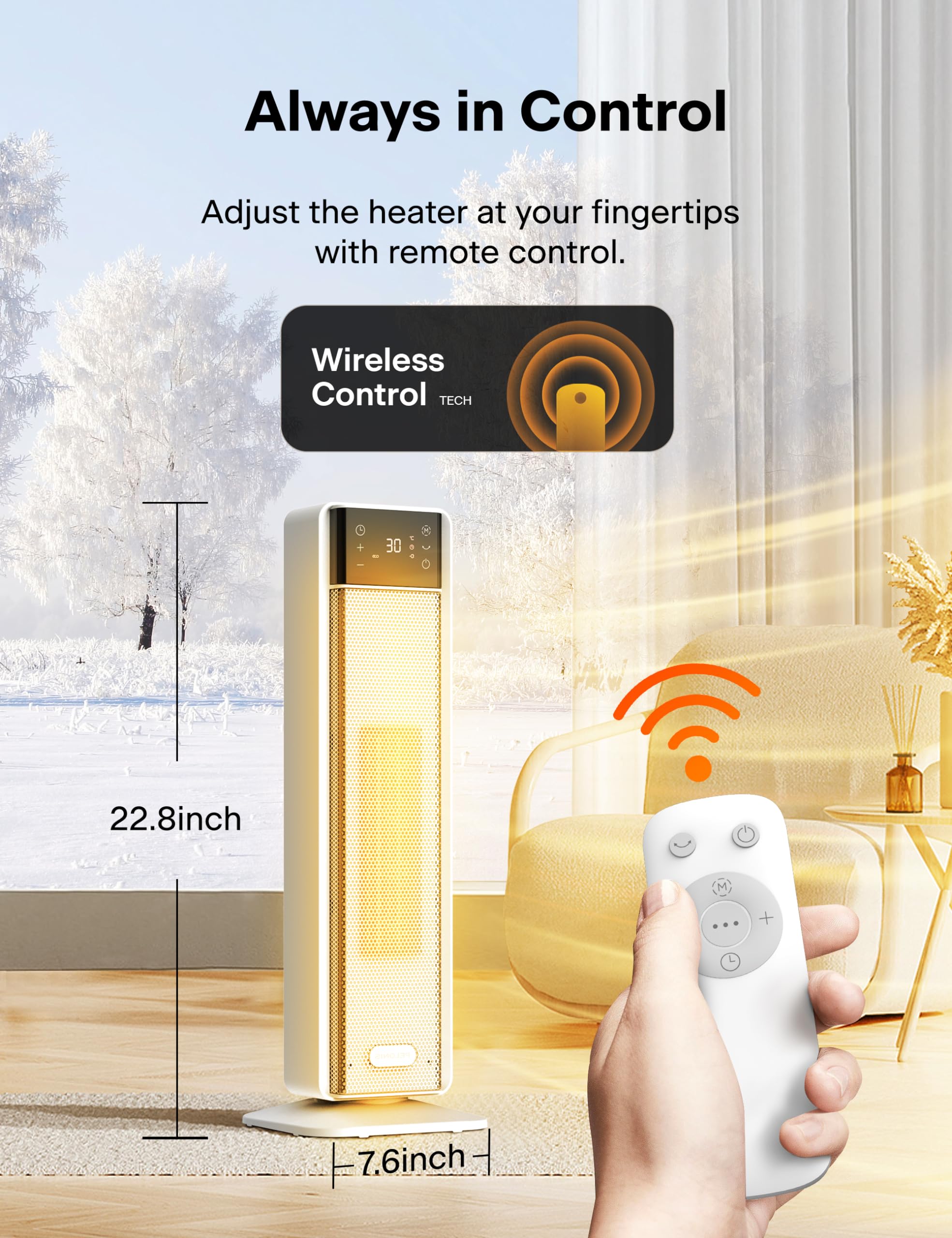 Pelonis Electric Heater - 2000W Silent Portable Ceramic Room Heater with 75° Oscillation, 24H Timer, Thermostat | White 8