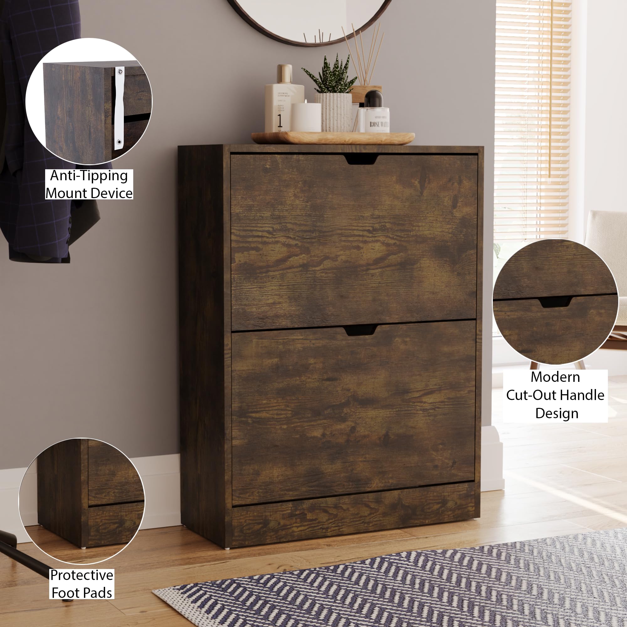 Vida Designs Wooden Shoe Cabinet - 2 Flip Drawers | Space-Saving Slim Design | Dark Wood 3