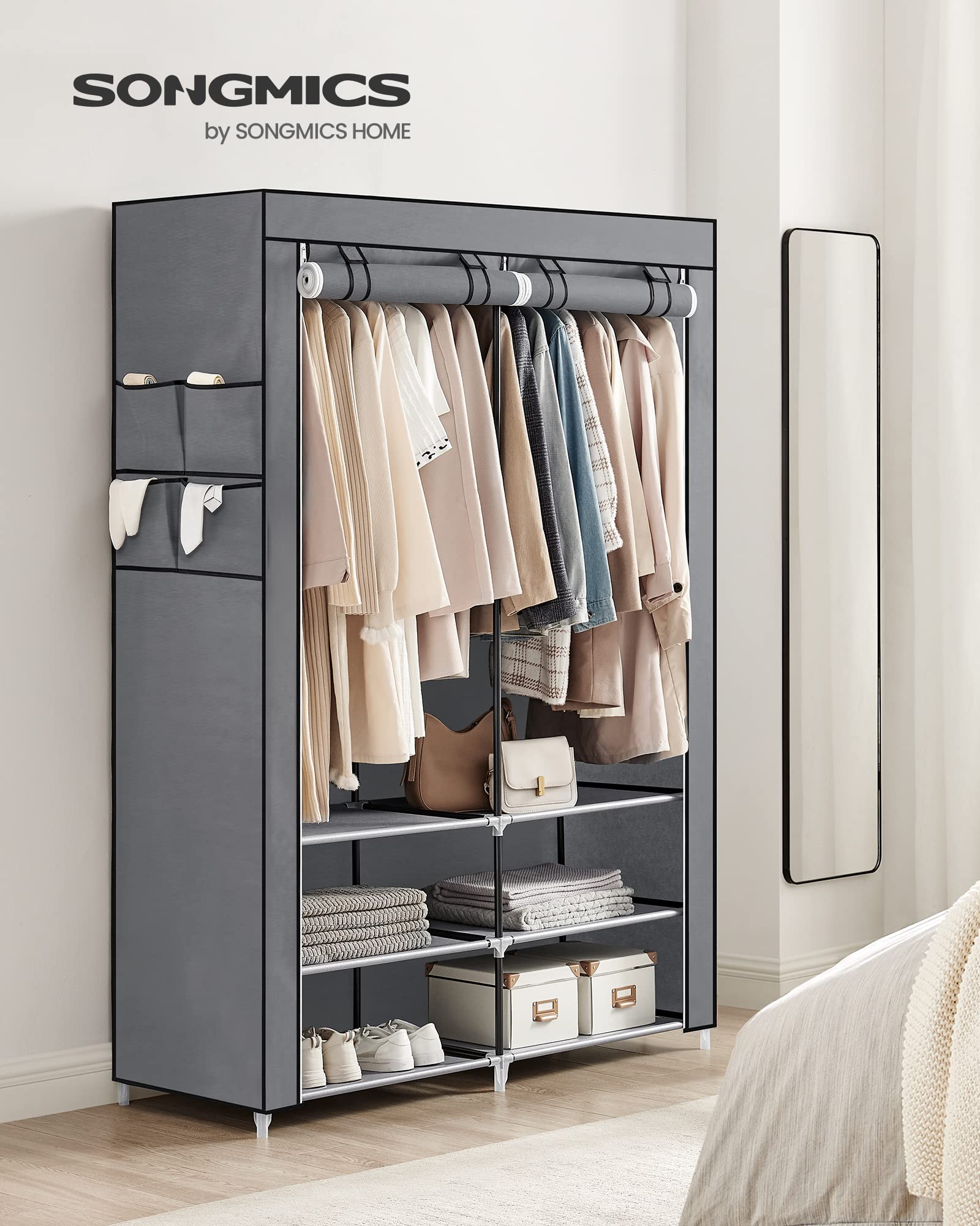 SONGMICS Portable Clothes Wardrobe - Grey | 127W x 45D x 176H cm | 2 Hanging Rods 2
