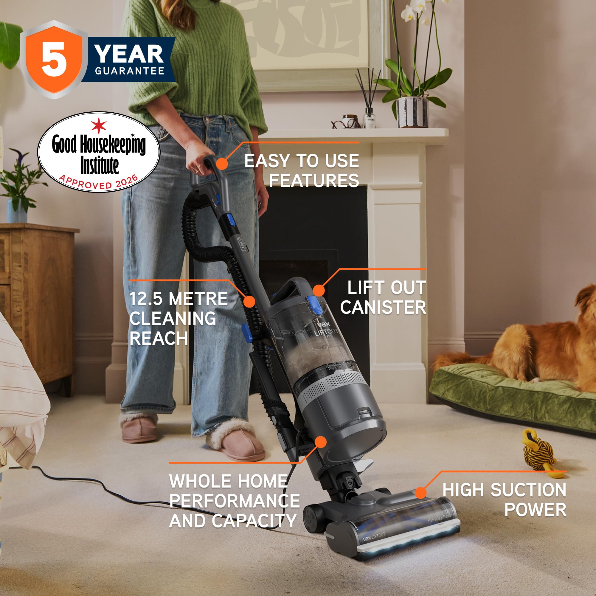 Vax LiftOut Pet Corded Upright Bagless Vacuum Cleaner - 600W, 6.1kg, 2L Capacity, Graphite/Blue 2