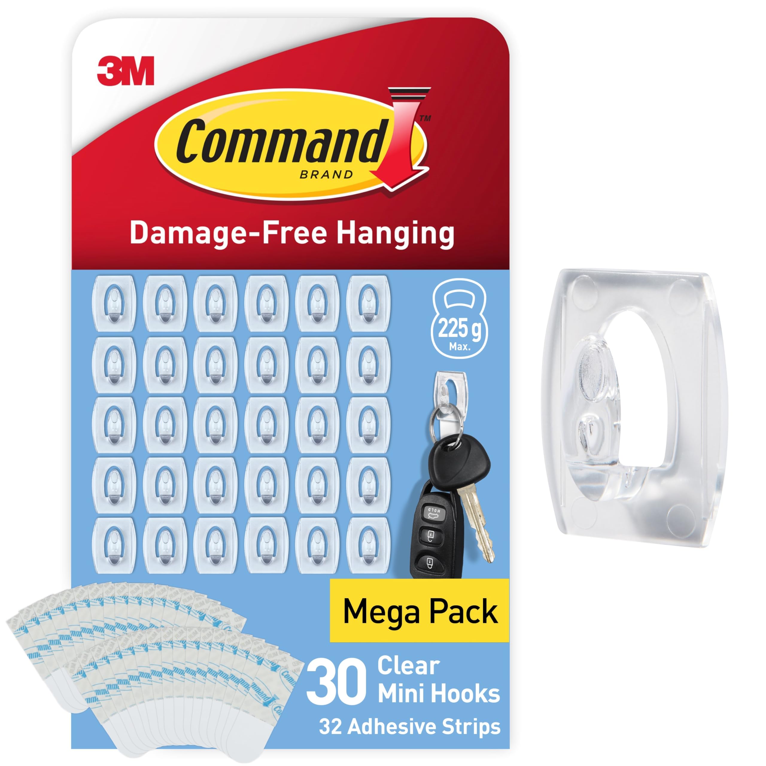 Command Clear Mini Hooks with Clear Strips - Damage-Free Hanging | Holds 225g | 30 Hooks 1