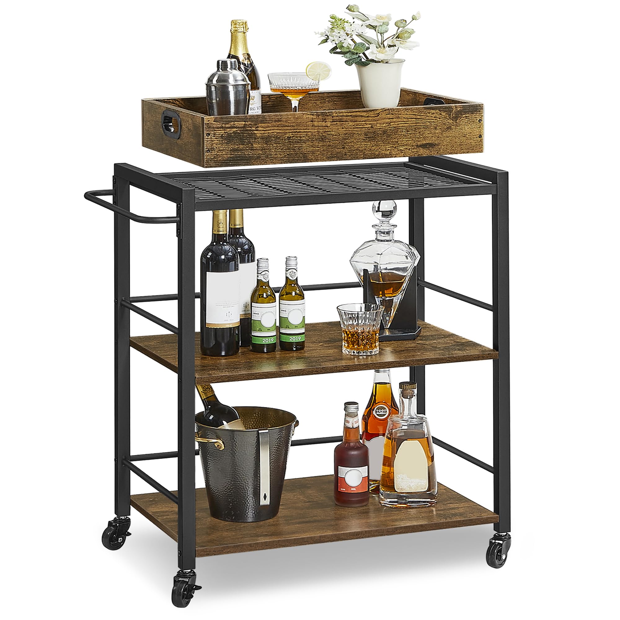 VASAGLE Kitchen Serving Cart with Removable Tray - 3-Tier Utility Cart | Rustic Brown & Black 1