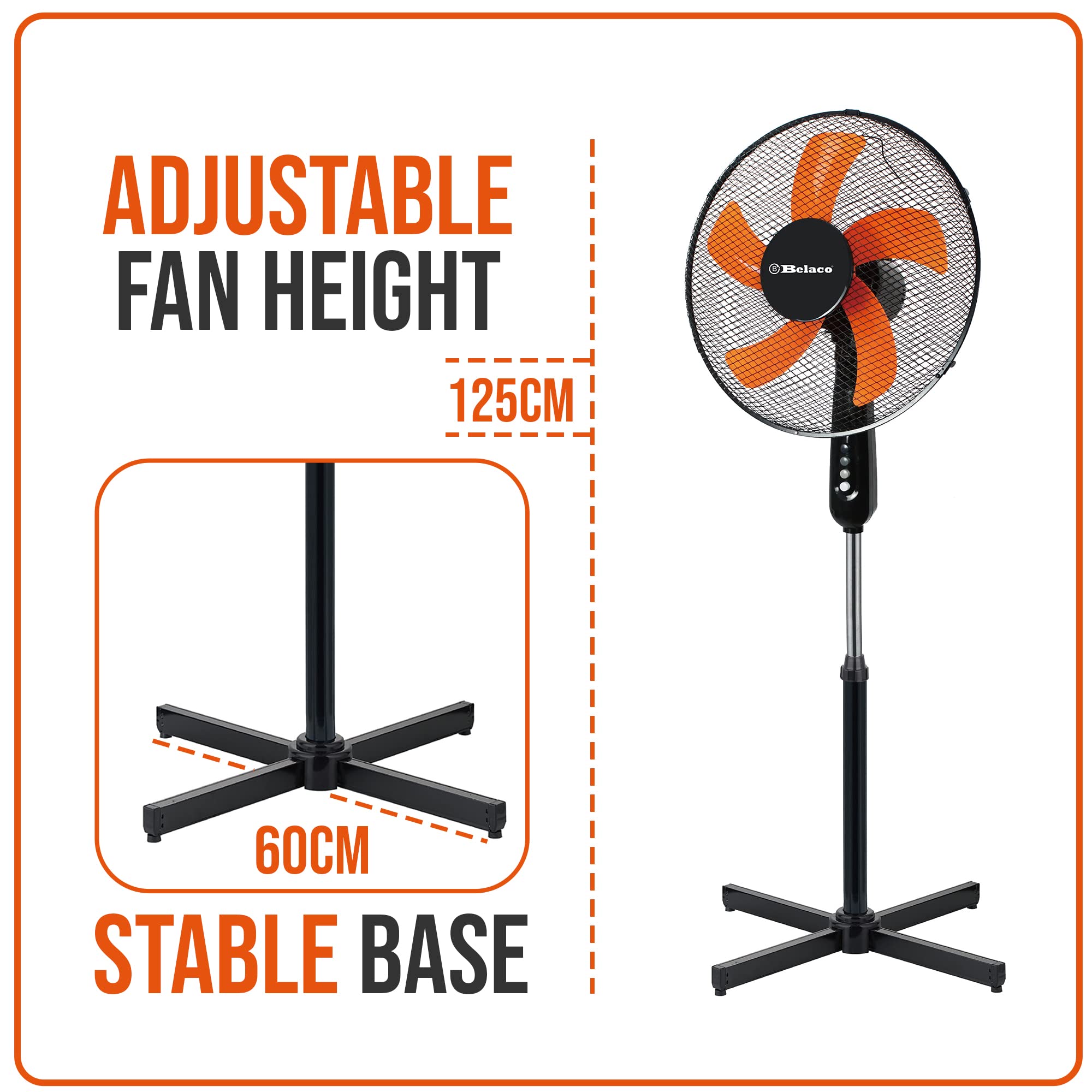 Belaco 16-inch Pedestal Fan - 40W Power, 3 Speeds, 85° Oscillation | Black Plastic 6