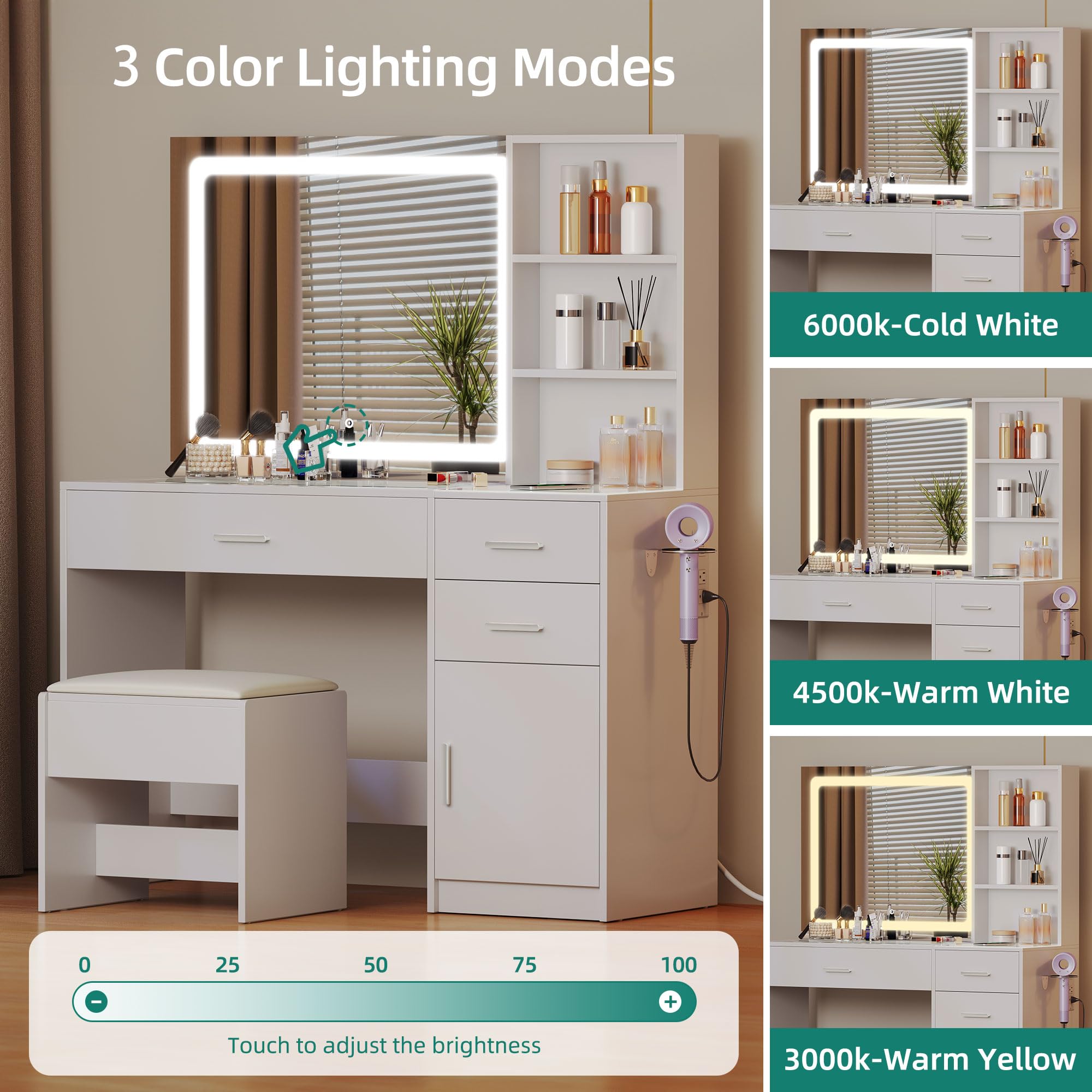 YITAHOME Dressing Table with Glass Top, LED Light, 3 Drawers, and Storage Stool 2
