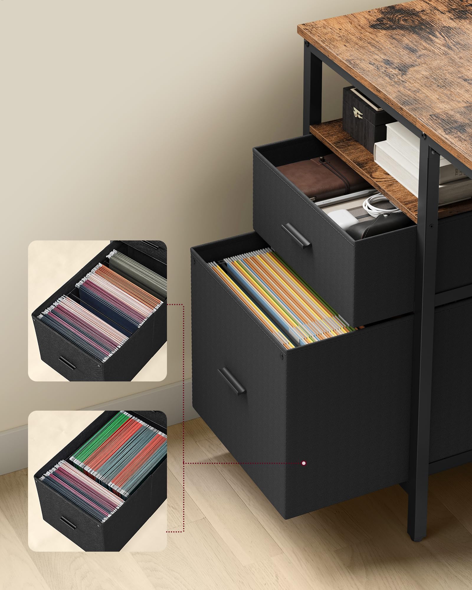 VASAGLE Computer Desk with 3 Shelves and 2 Drawers | 140 x 60 cm Desktop | Rustic Brown + Ink Black 5