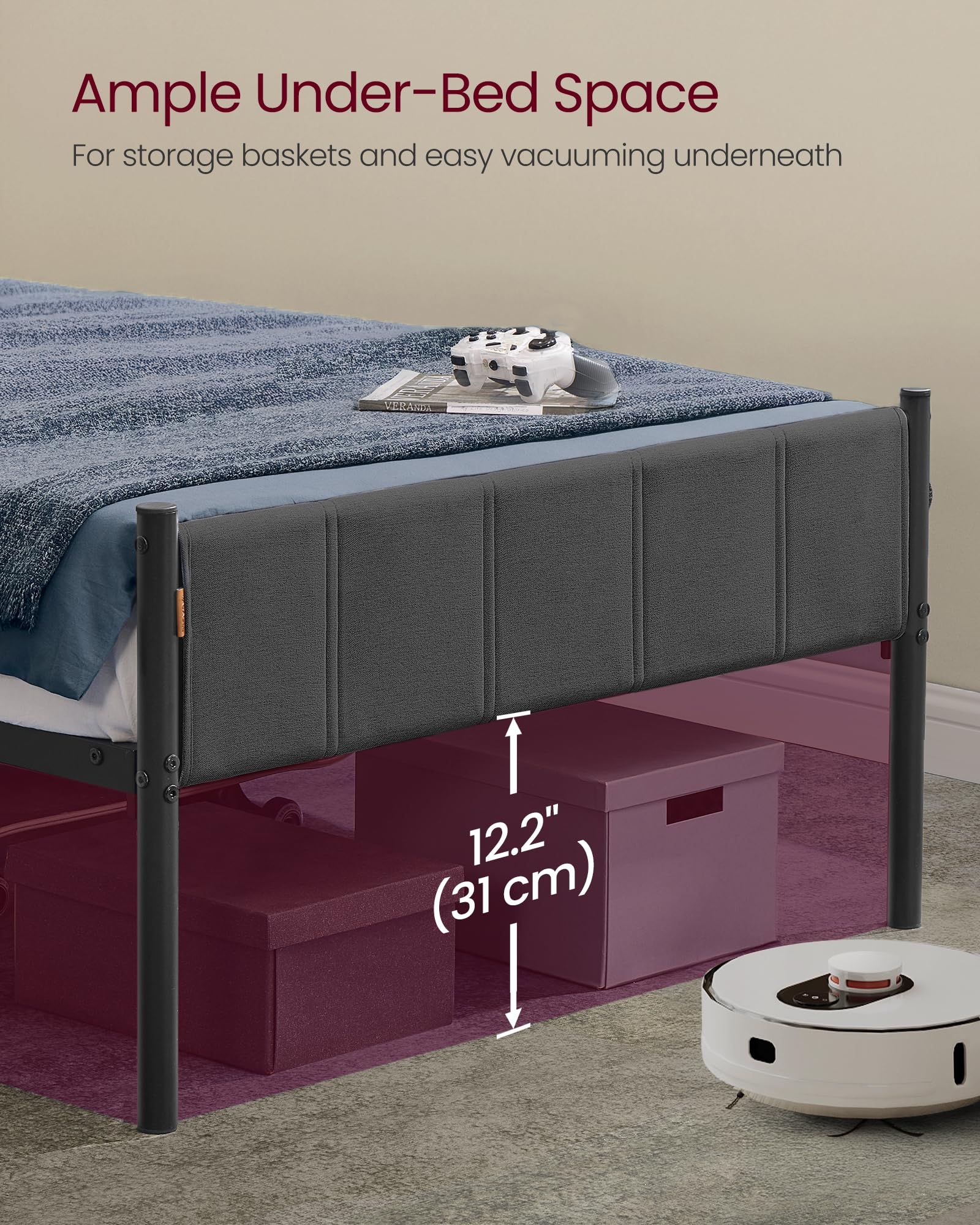 VASAGLE Single Bed Frame 90 x 190 cm with Upholstered Headboard | Slate Grey | Squeak Resistant 7