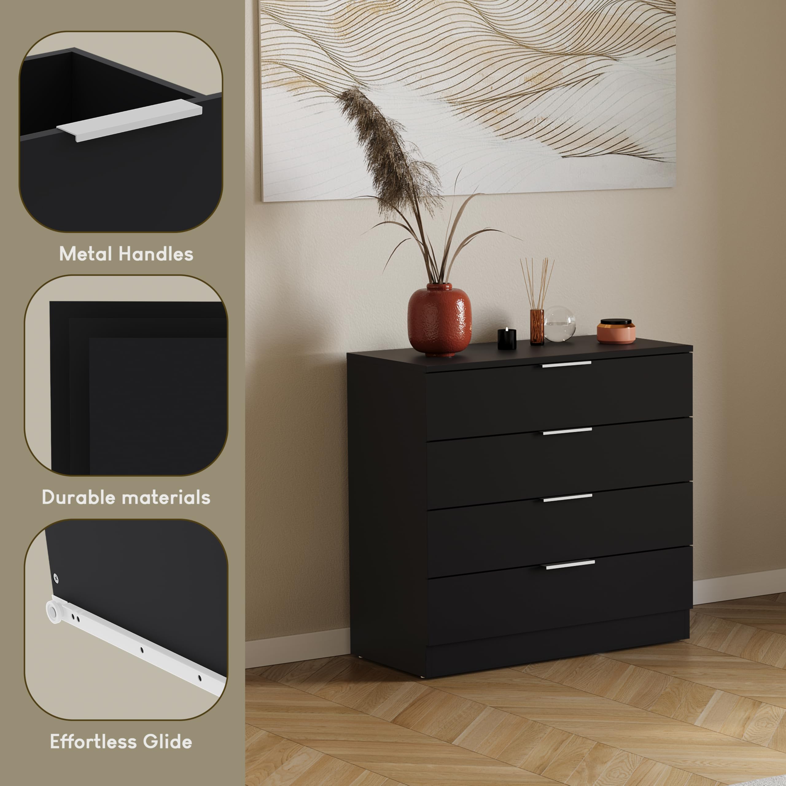 Vida Designs Trega 4 Drawer Chest of Drawers - Black | 74H x 66W x 36D cm | Engineered Wood 5