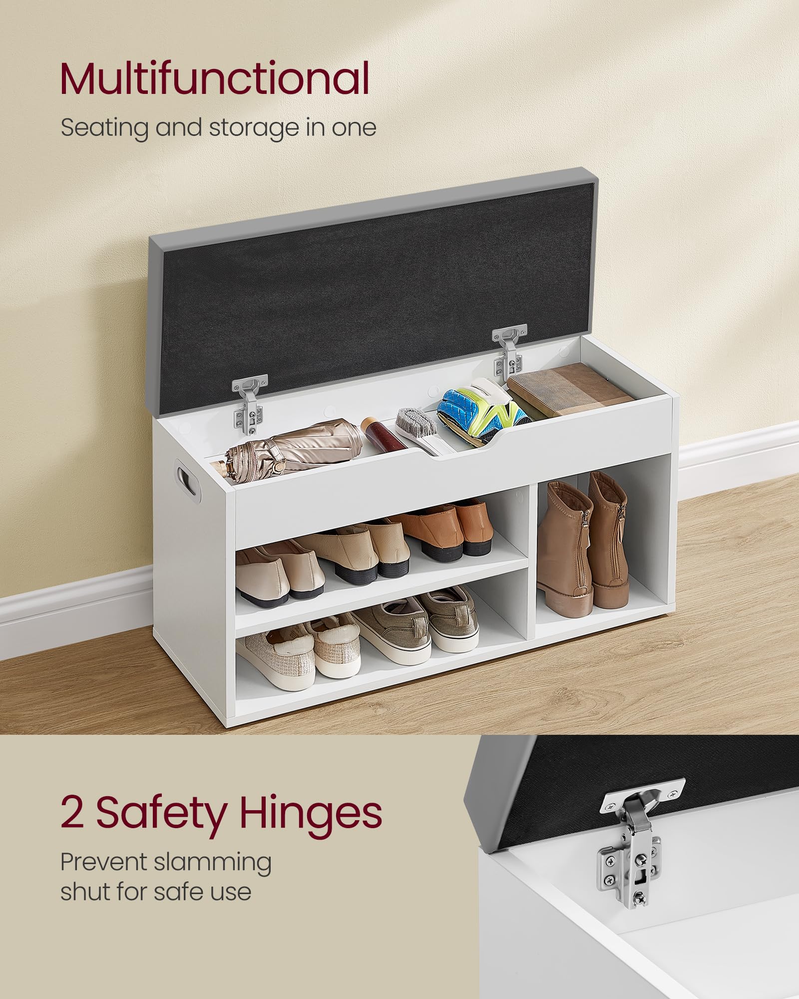 VASAGLE Storage Bench with Padded Seat - 3 Compartments, 150 kg Capacity | Cloud White 4