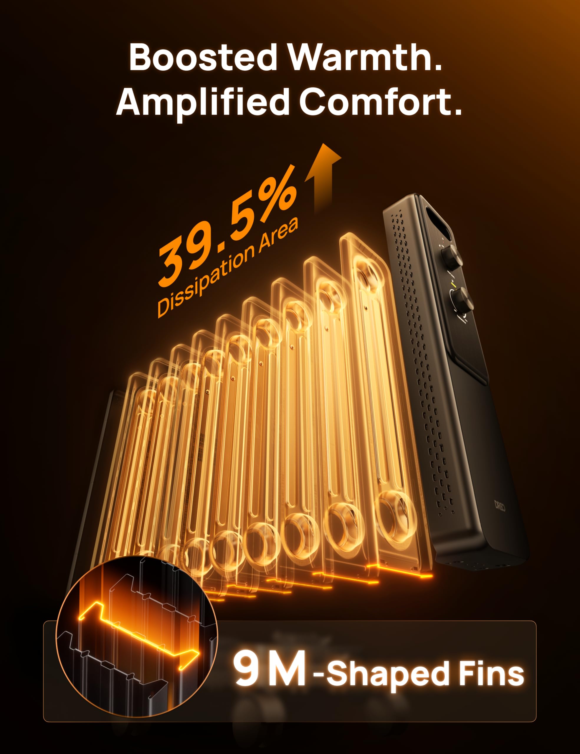 Dreo 2000W Oil Filled Radiator Heater - 9 Fins, Silent Operation | Adjustable Temp | Portable 3