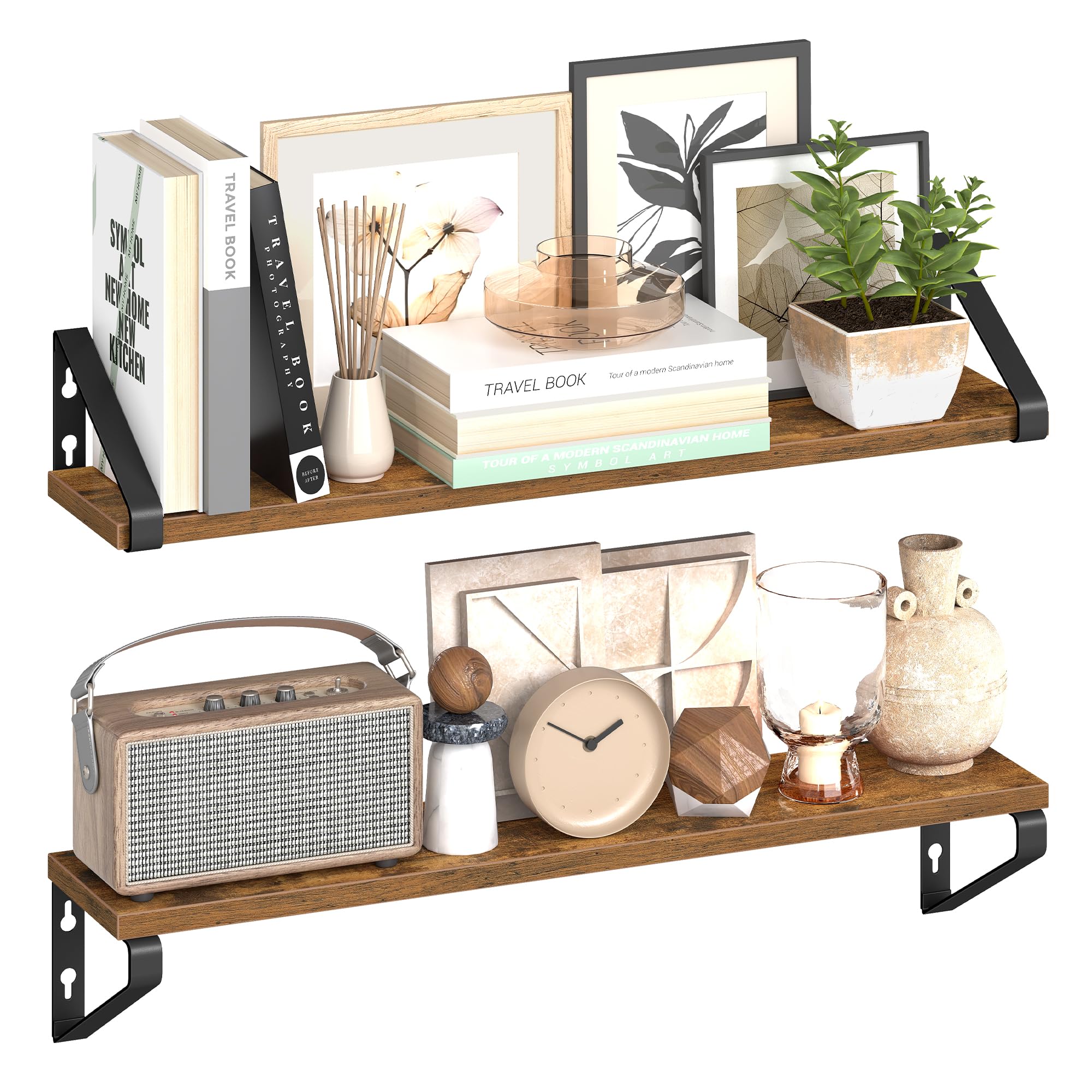 VASAGLE Floating Wall Shelves - Set of 2 Rustic Brown Shelves | Heavy Duty Steel Brackets | 22 lb Capacity