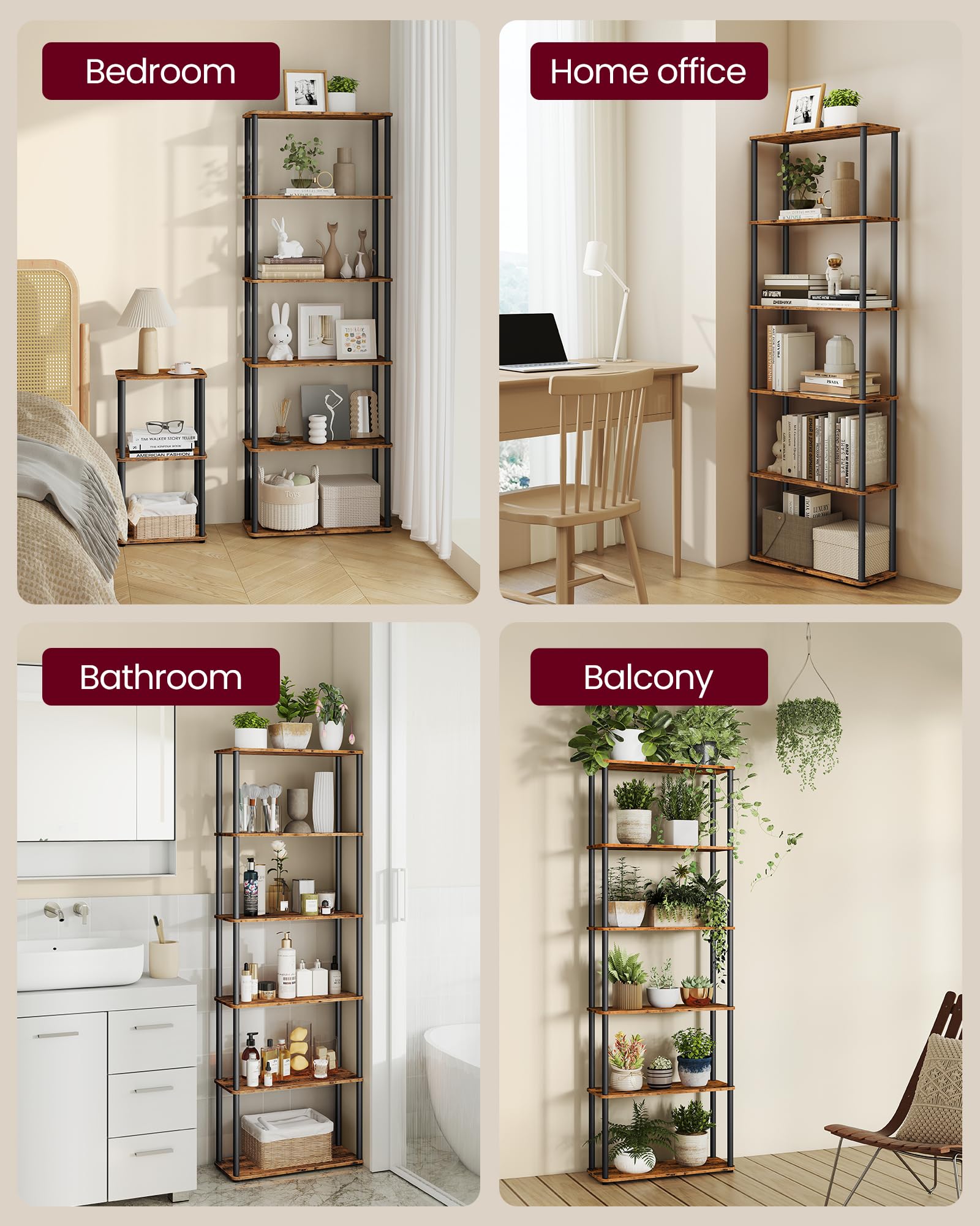 VASAGLE 6-Tier Standing Shelf Unit - Toolless Assembly | 48kg Max Load | Rustic Brown/Ink Black 5