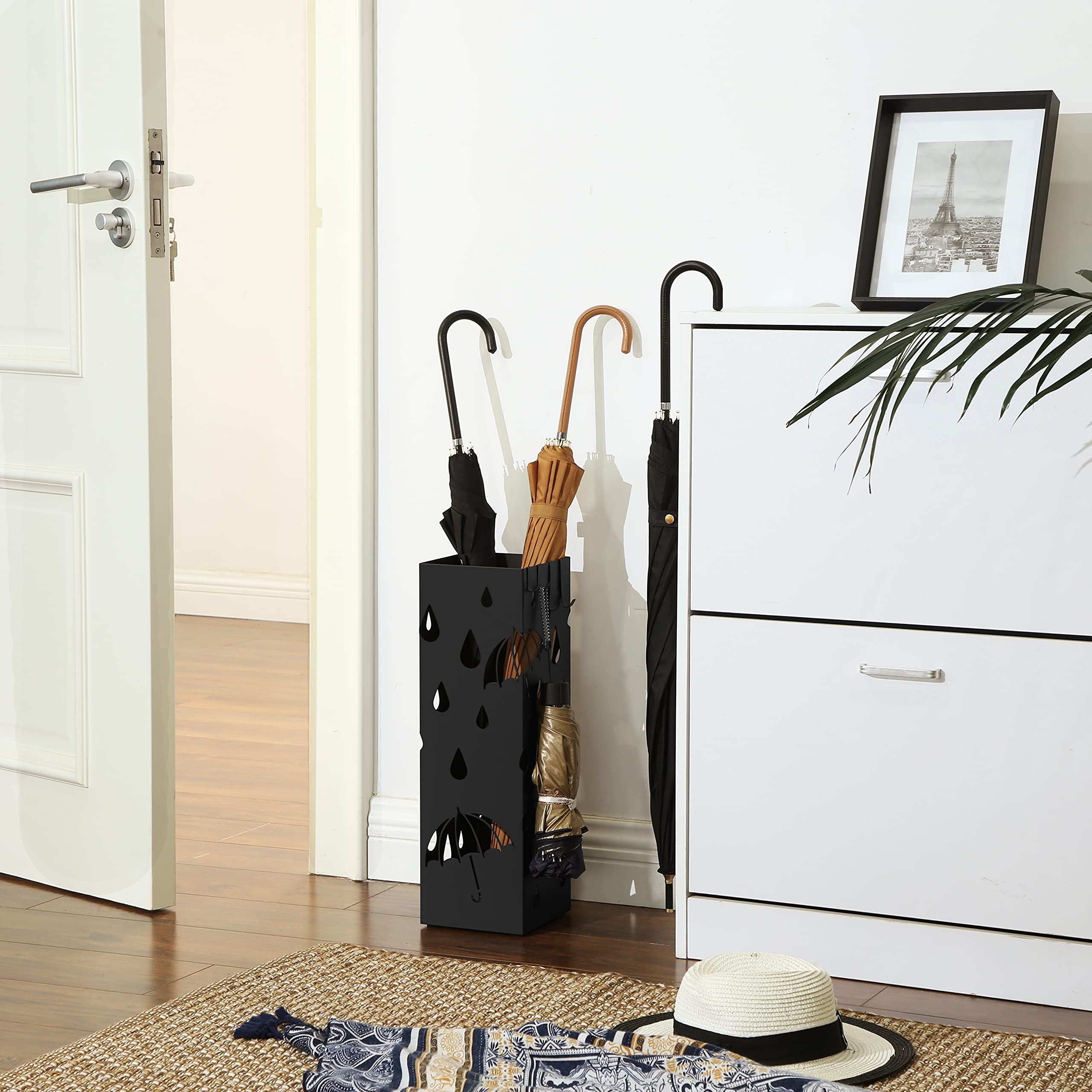 SONGMICS Metal Umbrella Stand - Square Design with Drip Tray | Black | 15.5 x 15.5 x 49 cm 3