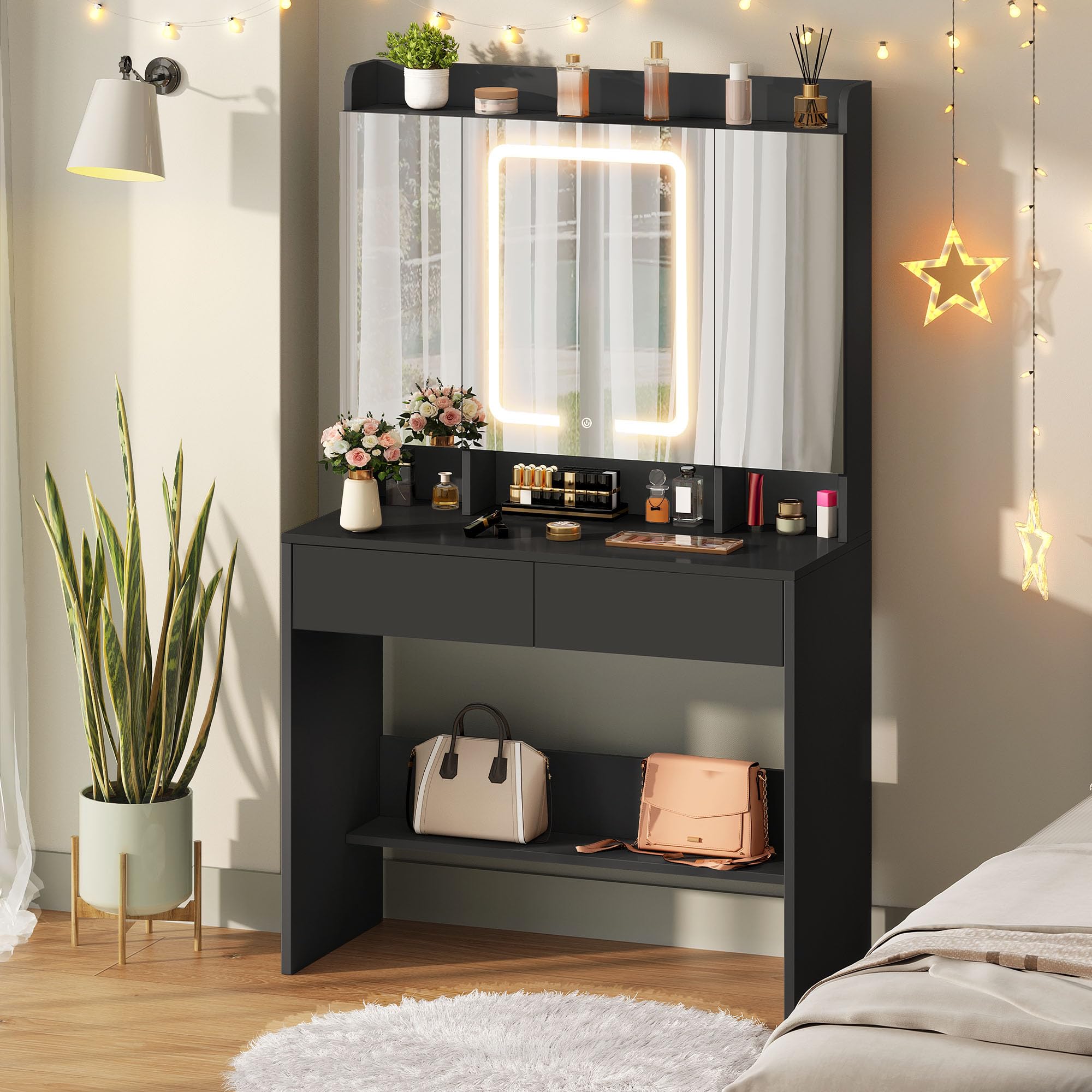 YITAHOME Dressing Table with 3 Mirrors & LED Lights | Black Finish | 90 x 145 x 40 cm 1