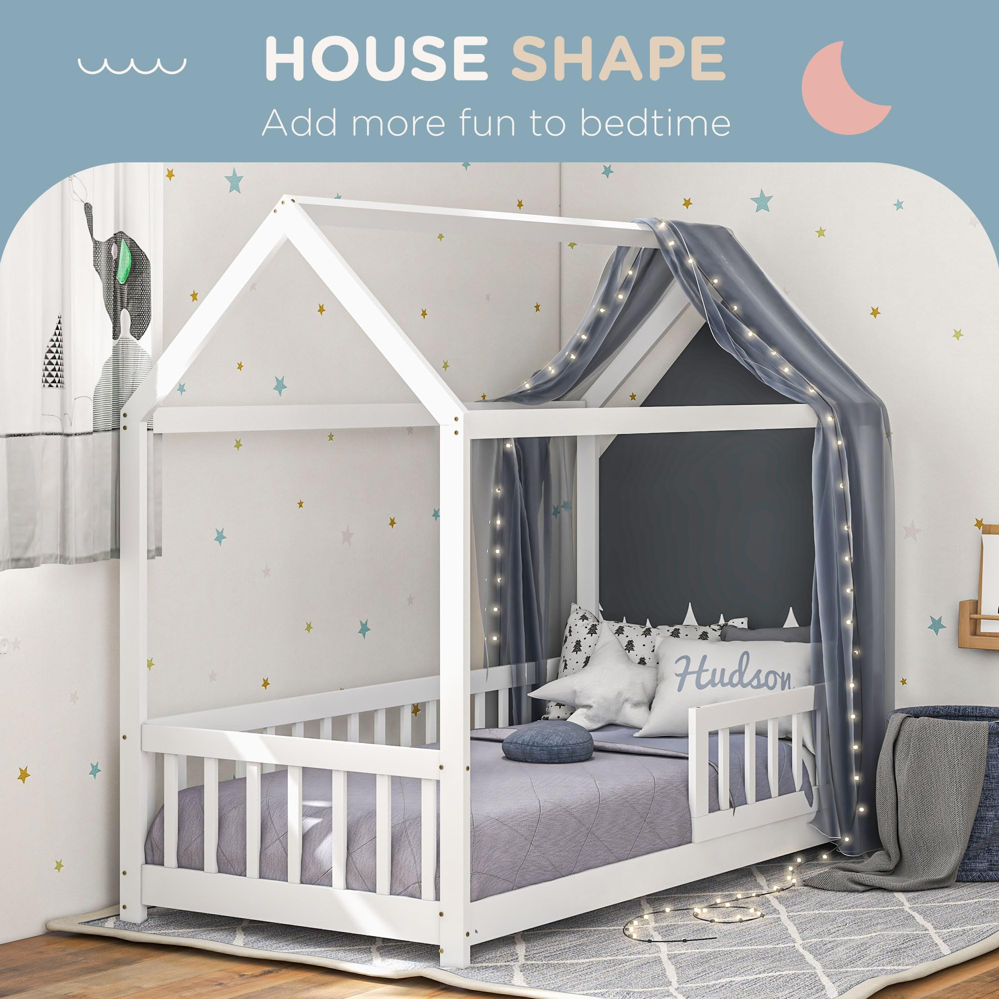 HOMCOM Toddler Bed Single House-Shaped Frame Solid Pine Wood White | 120kg Capacity 4