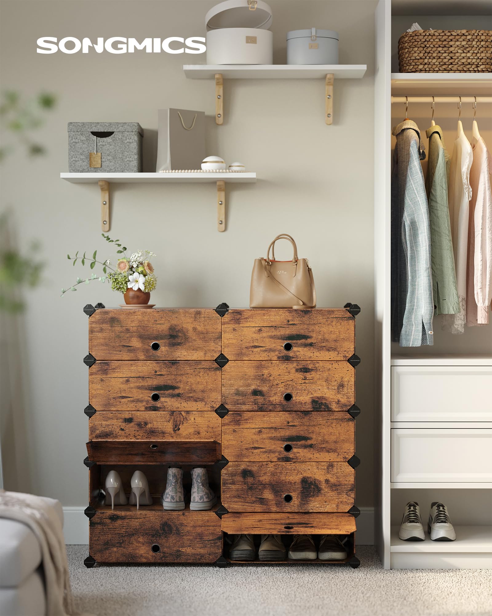 SONGMICS Interlocking Shoe Rack - Modular DIY Storage for 20-30 Pairs | 10 Slots | Rustic Brown 2