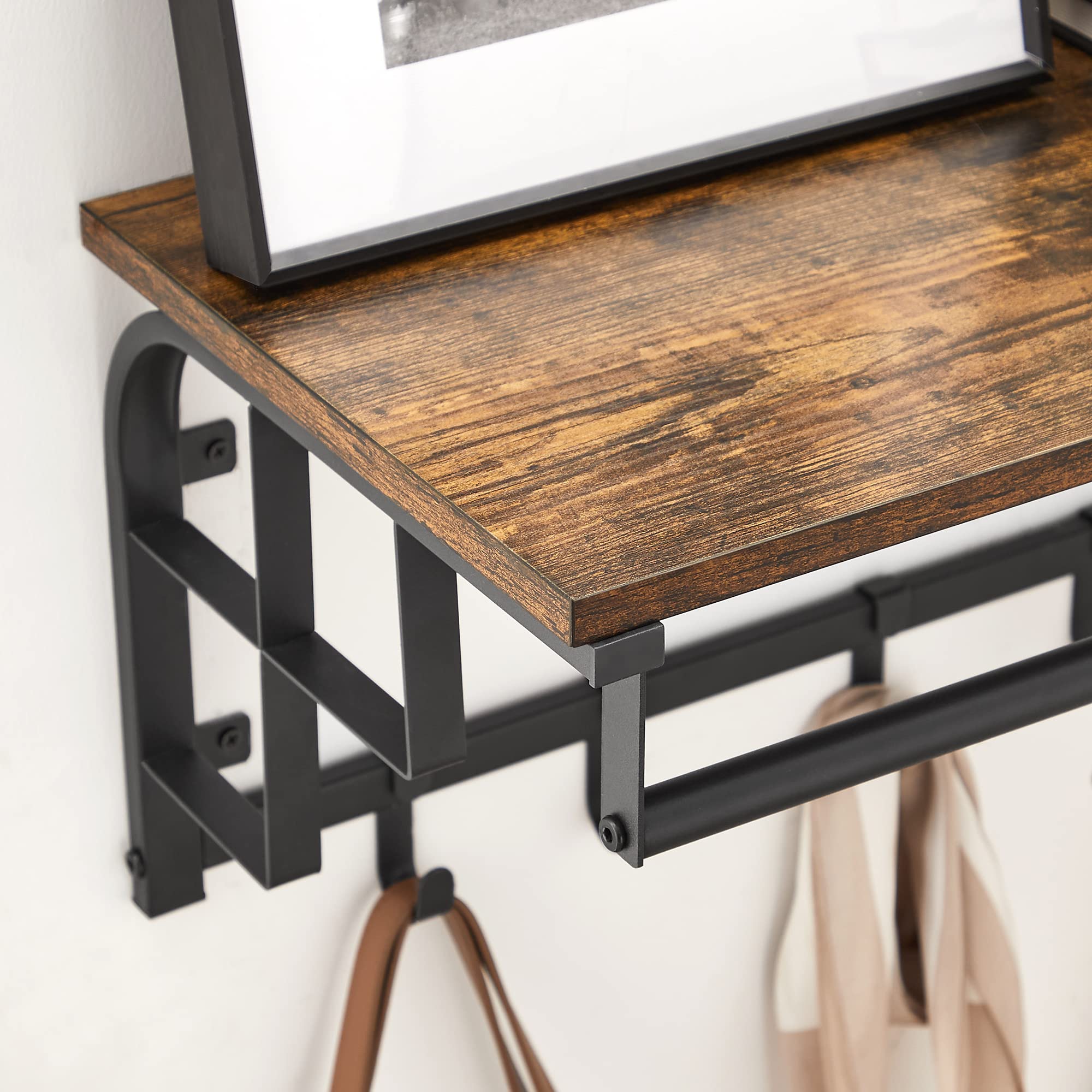 VASAGLE Wall Coat Rack with Shelf, Rod, and 5 Hooks | Rustic Brown + Black | 15kg Shelf Capacity 7