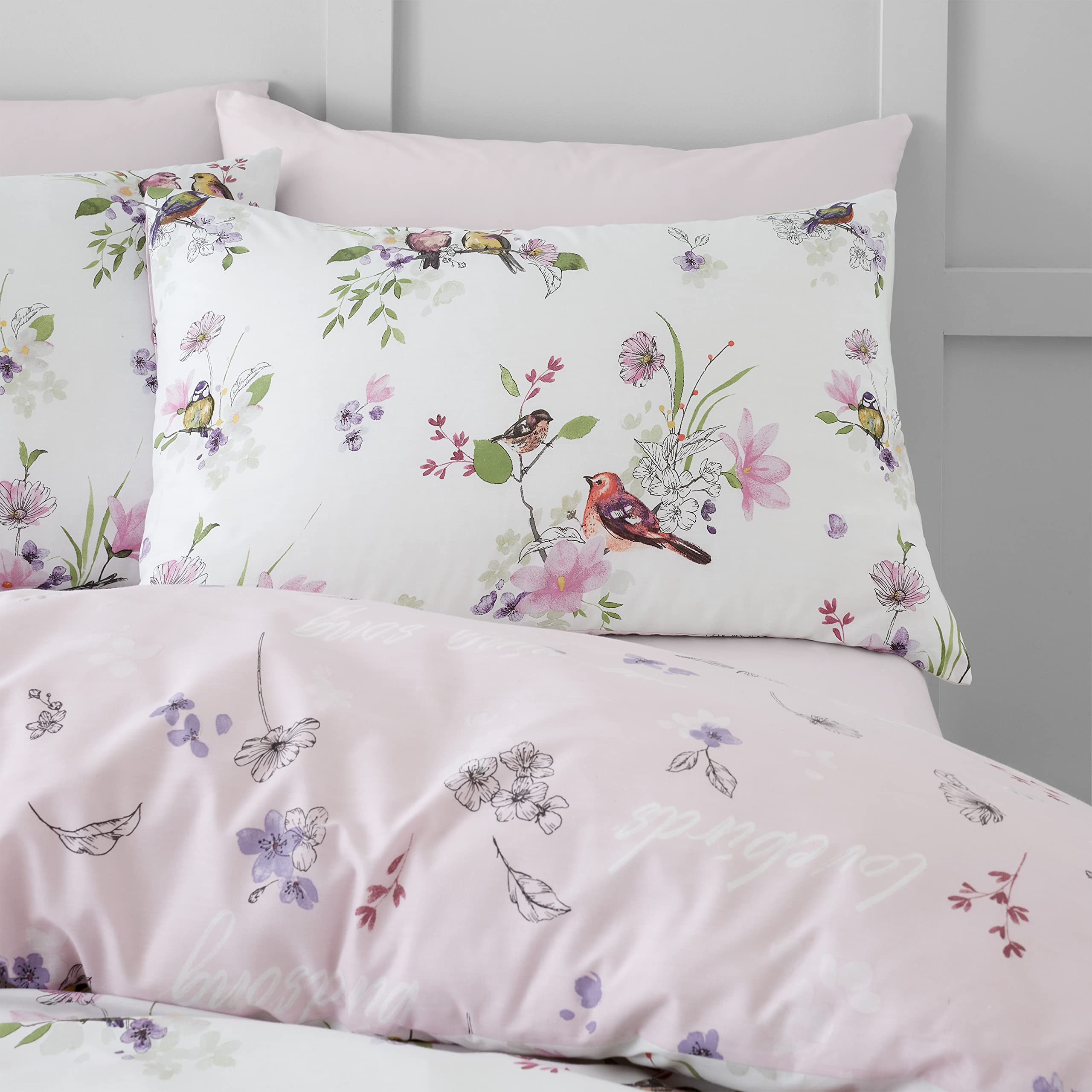 Catherine Lansfield Songbird King Duvet Cover Set with 2 Pillowcases Pink Polycotton 3