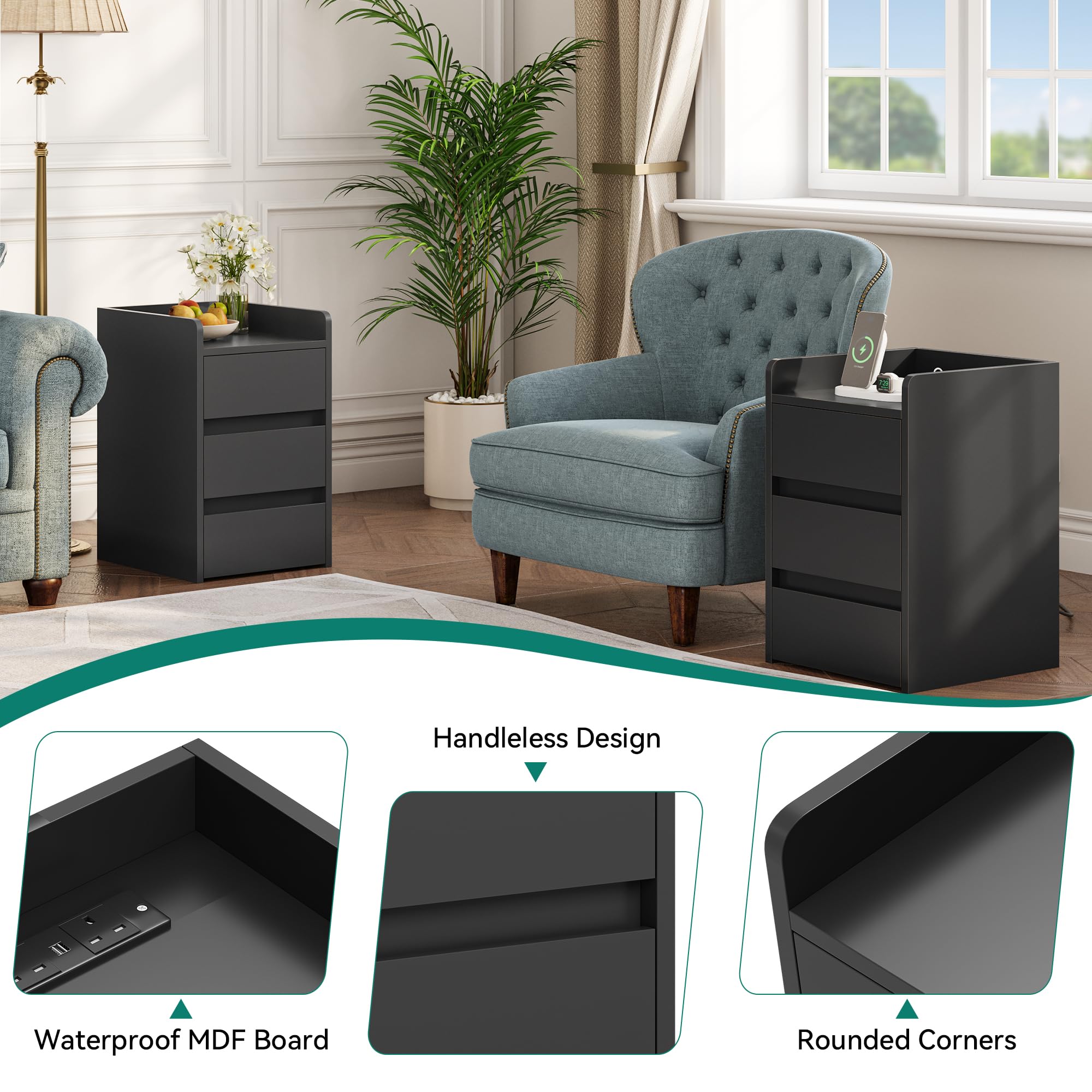 YITAHOME Bedside Table with 3 Drawers and Power Station | Black Engineered Wood | 35 x 40 x 59cm 6