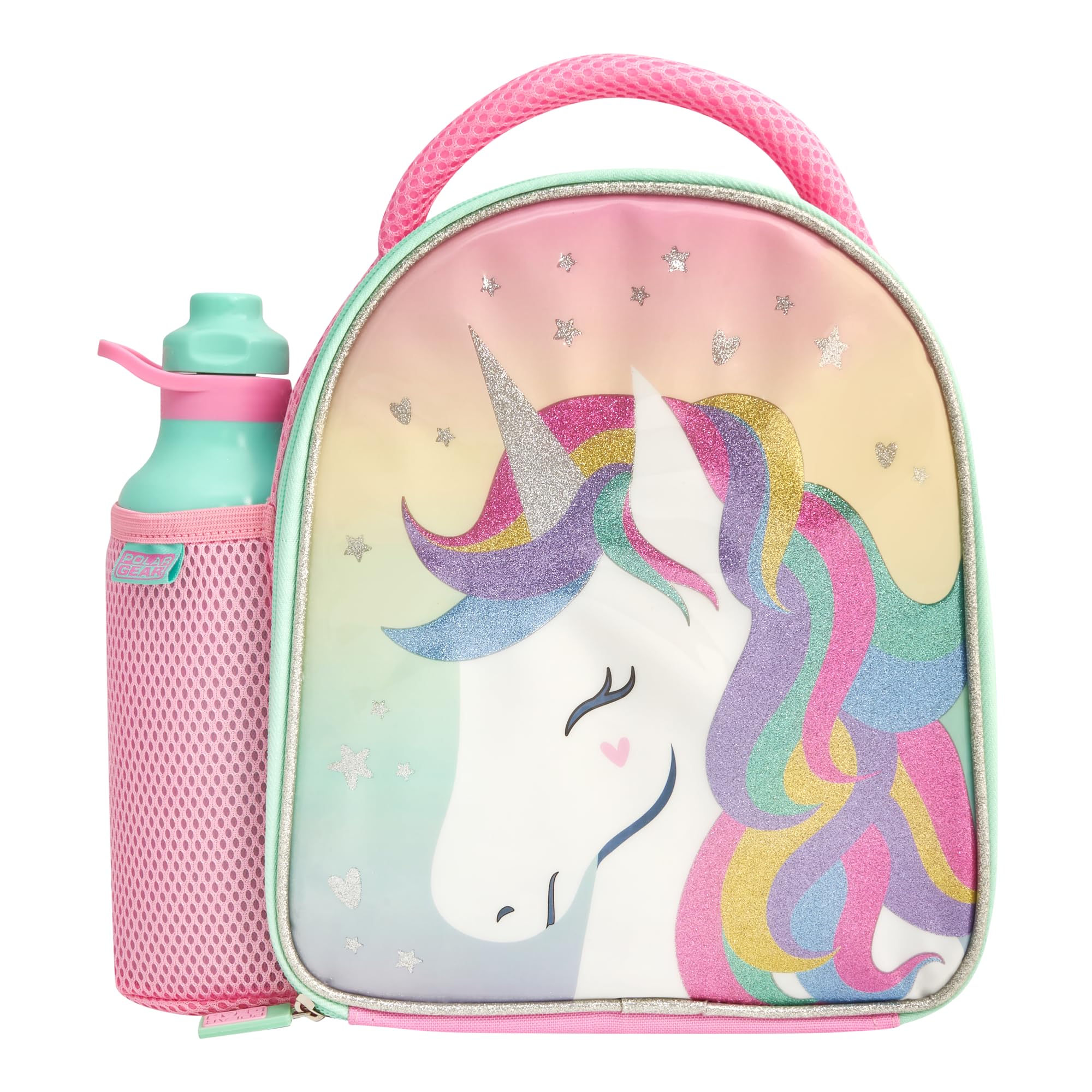 Polar Gear Glitter Unicorn Insulated Kids Lunch Bag with 600ml Water Bottle | Pink Polyester 1