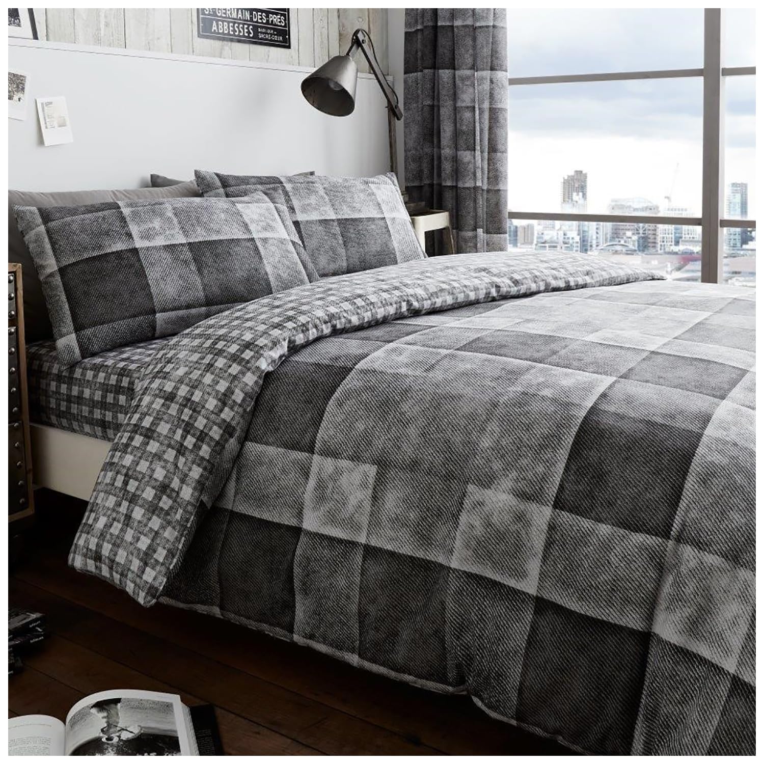 GC GAVENO CAVAILIA Luxury Denim Check King Size Duvet Cover Set | 50% Cotton/50% Polyester | 3 Piece 1