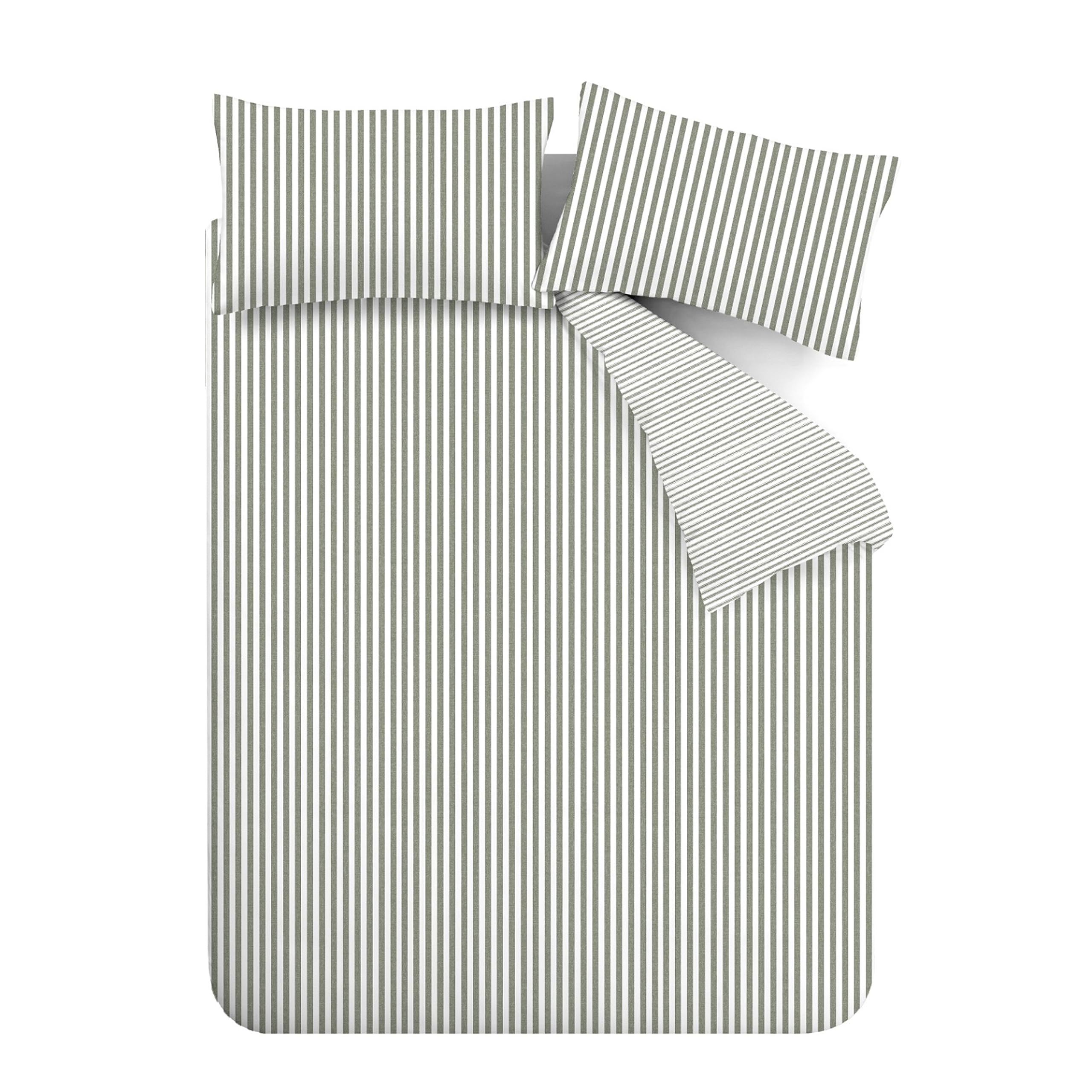 Catherine Lansfield Brushed Cotton Stripe Reversible King Duvet Cover Set with Pillowcases Green 5
