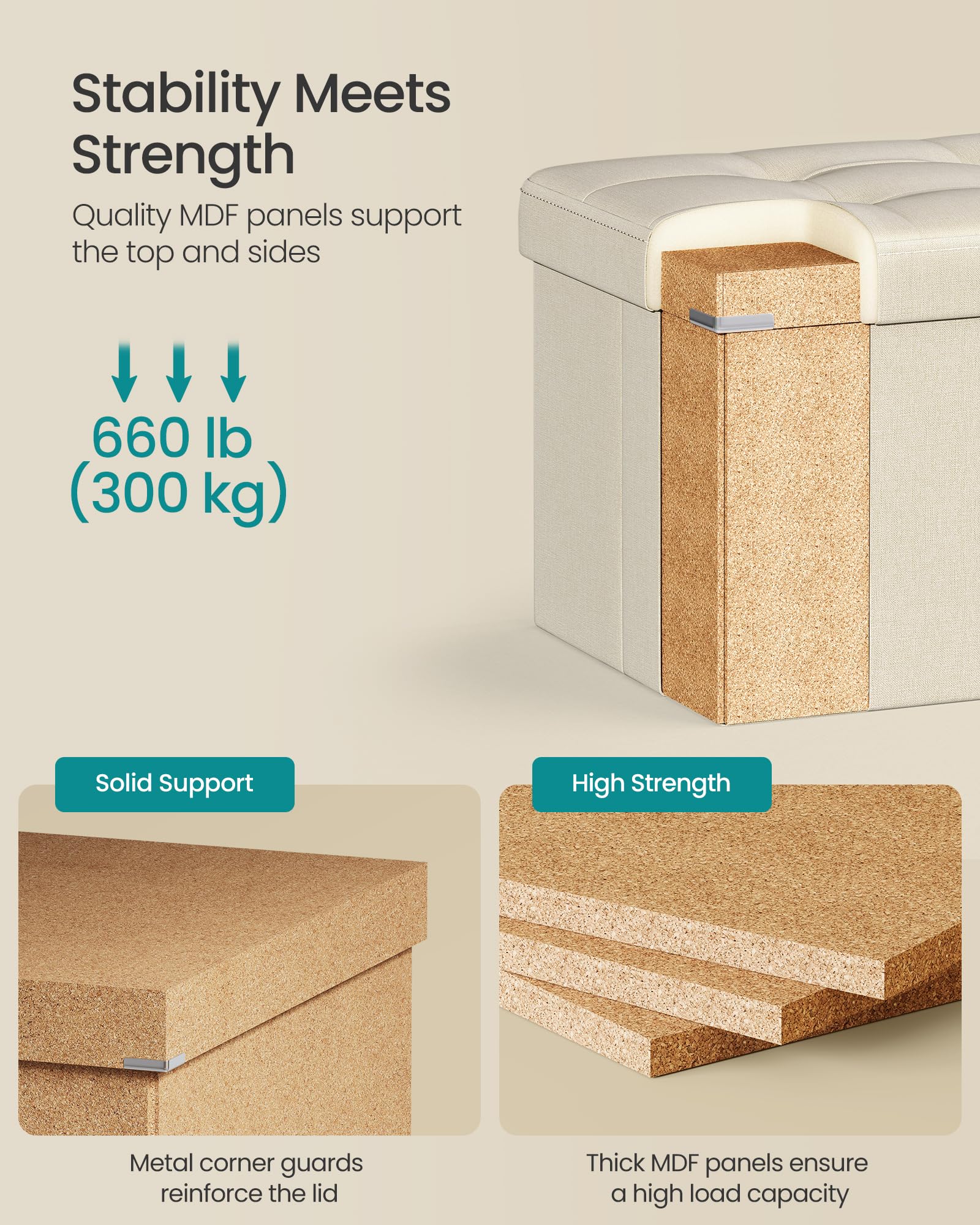 SONGMICS MAZIE Storage Ottoman Bench - 110 cm Folding Foot Rest | 300 kg Capacity | Cream White 4