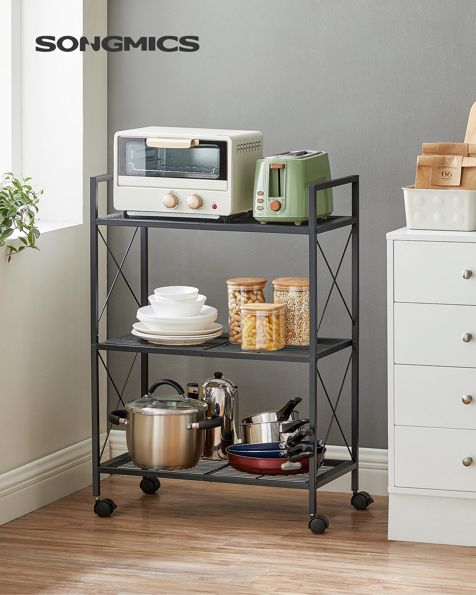 SONGMICS 3-Tier Metal Shelving Unit on Wheels - Ink Black | Heavy Duty Support | Adjustable Feet 3