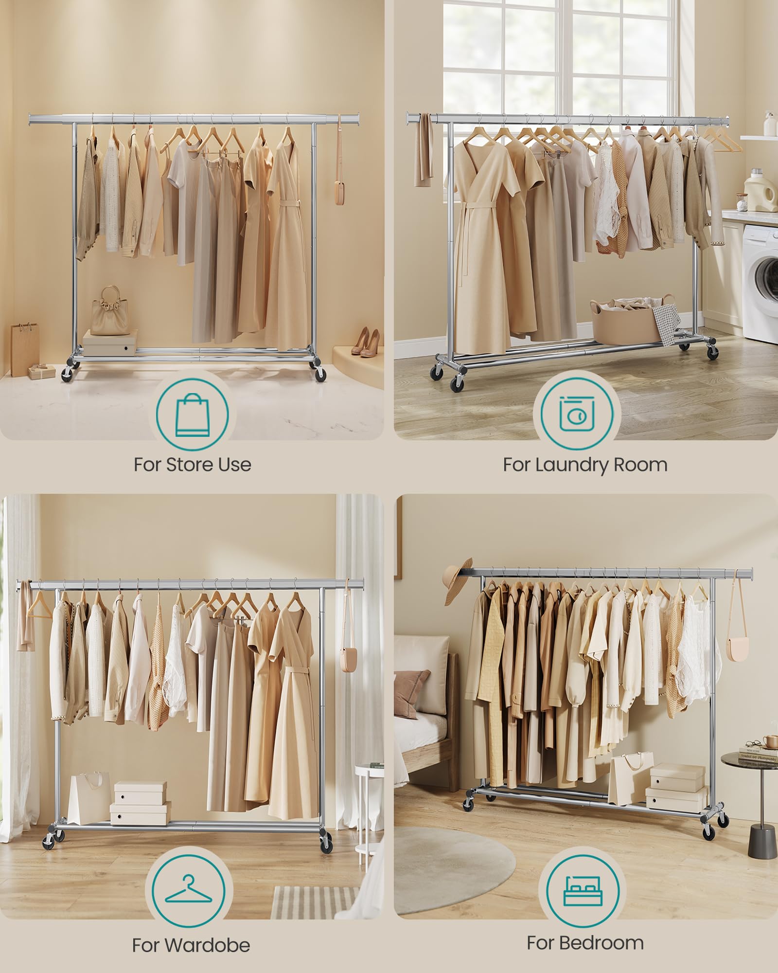 SONGMICS Heavy Duty Clothes Rack on Wheels | 150 kg Capacity | Extendable 160-200 cm Rail | Silver 6