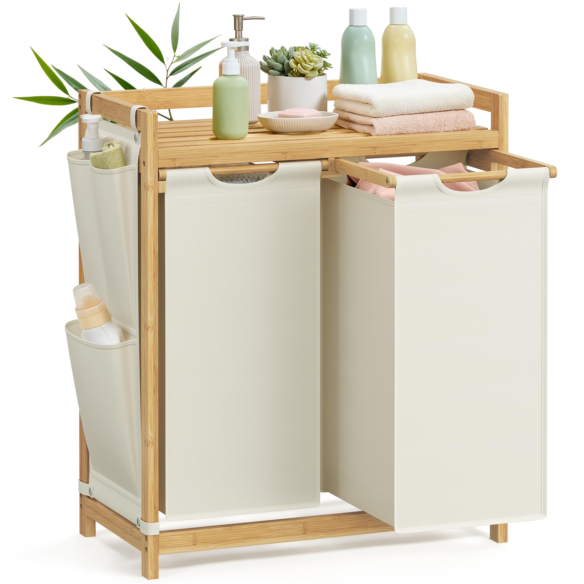 SONGMICS Bamboo Laundry Basket with 2 Compartments - 100 L Capacity | Cream White | RLH100W01 1