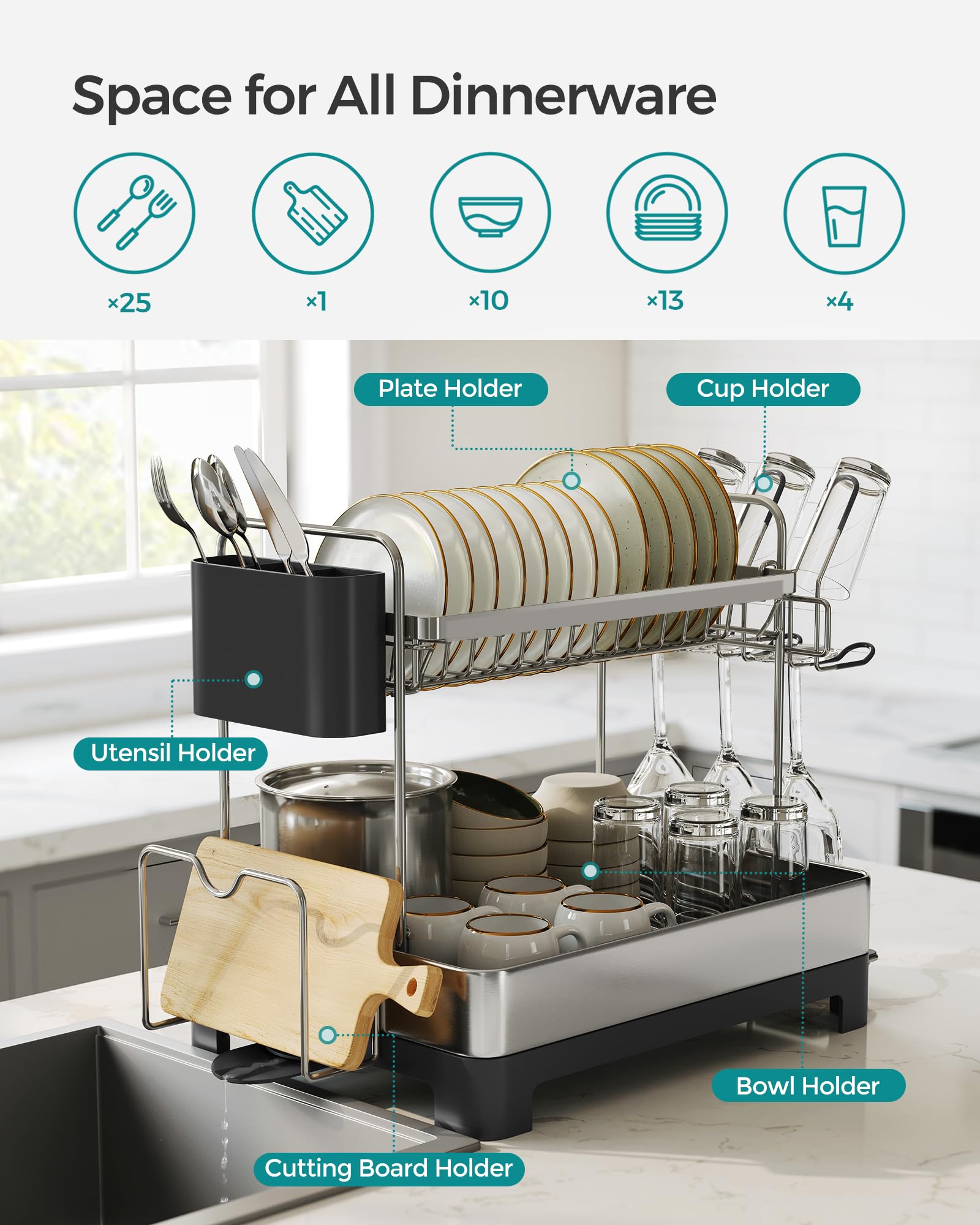 SONGMICS 2-Tier Stainless Steel Dish Drying Rack with Extendable Spout | Rustproof | 32.5 x 58 x 39.6 cm 5