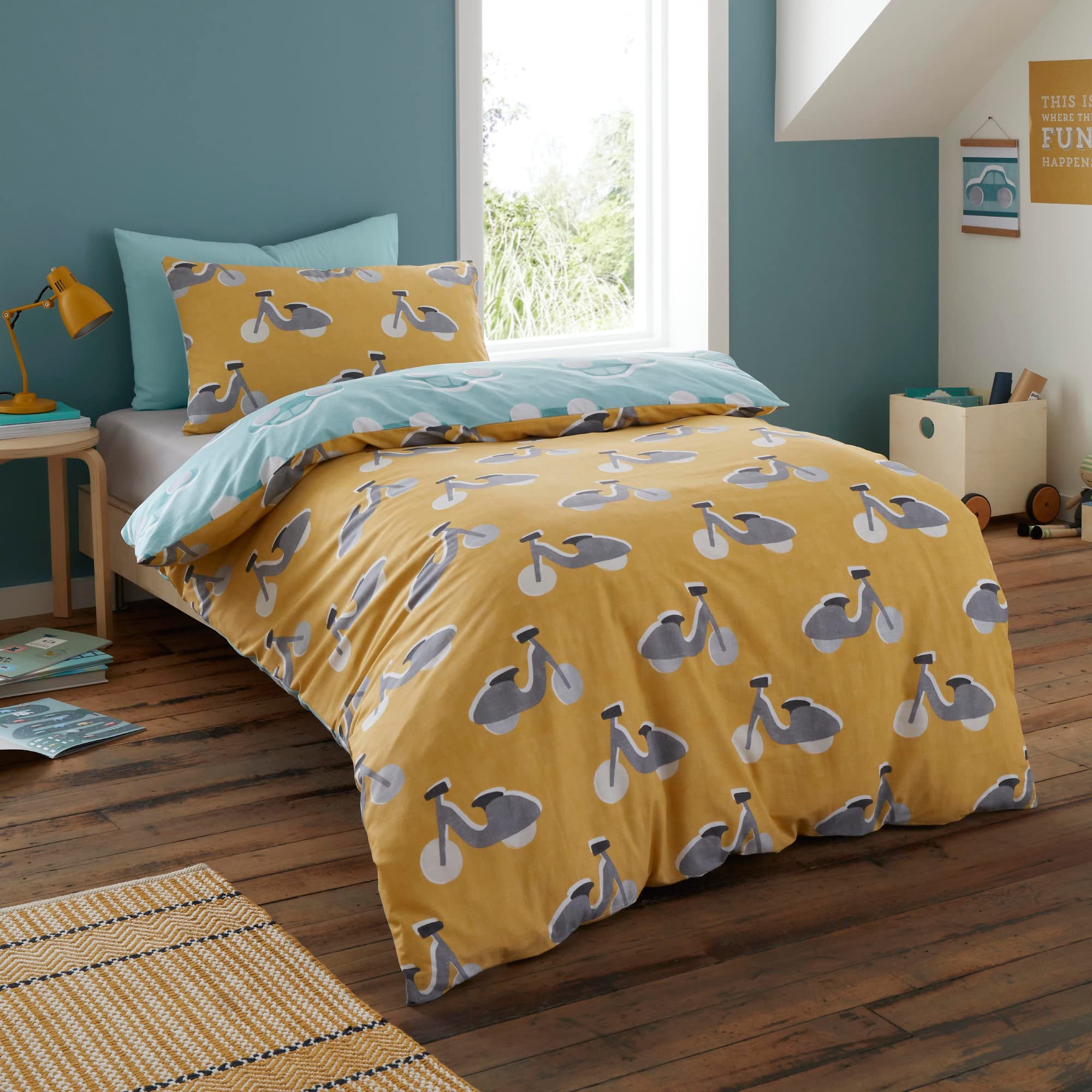 Bedlam Cool Cars Reversible Duvet Cover Set - 100% Cotton, Single Size (Duck Egg/Yellow) 4