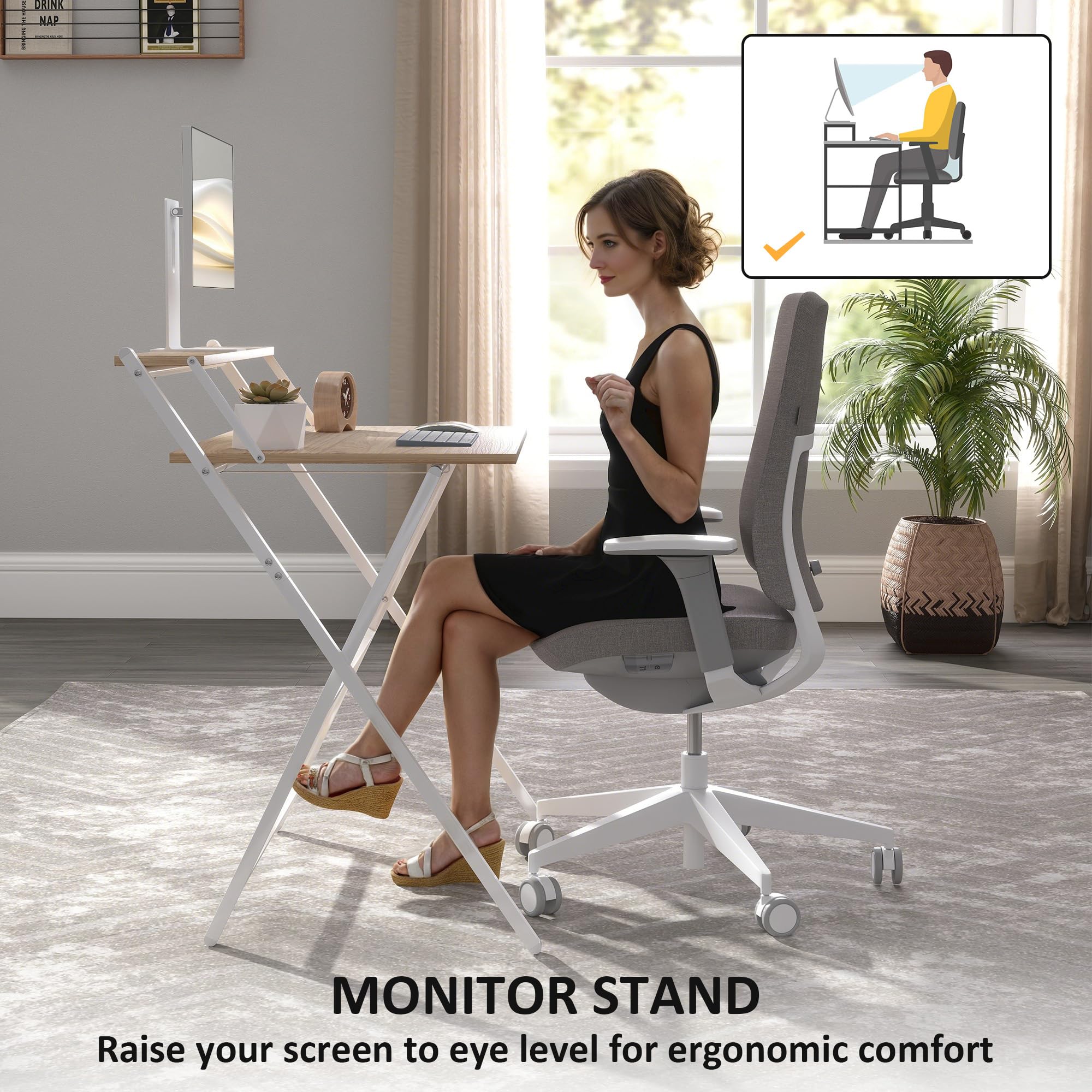HOMCOM Folding Desk with Monitor Shelf - 81.5 cm Wide, Compact, Foldable | Natural Wood Finish 5