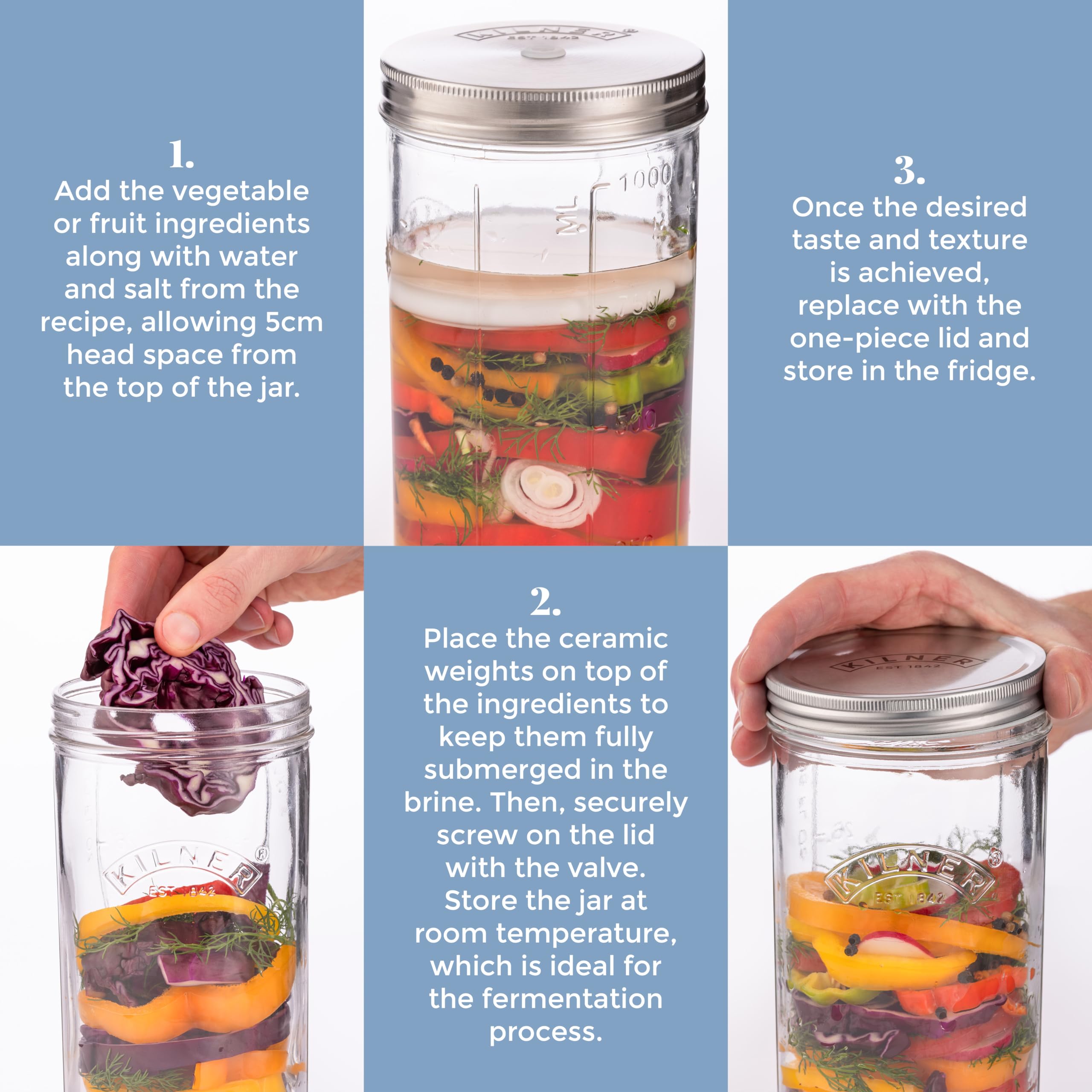 Kilner 1 Litre Fermentation Jar Set - Wide Mouth Glass Jar with Silicone Valve 6