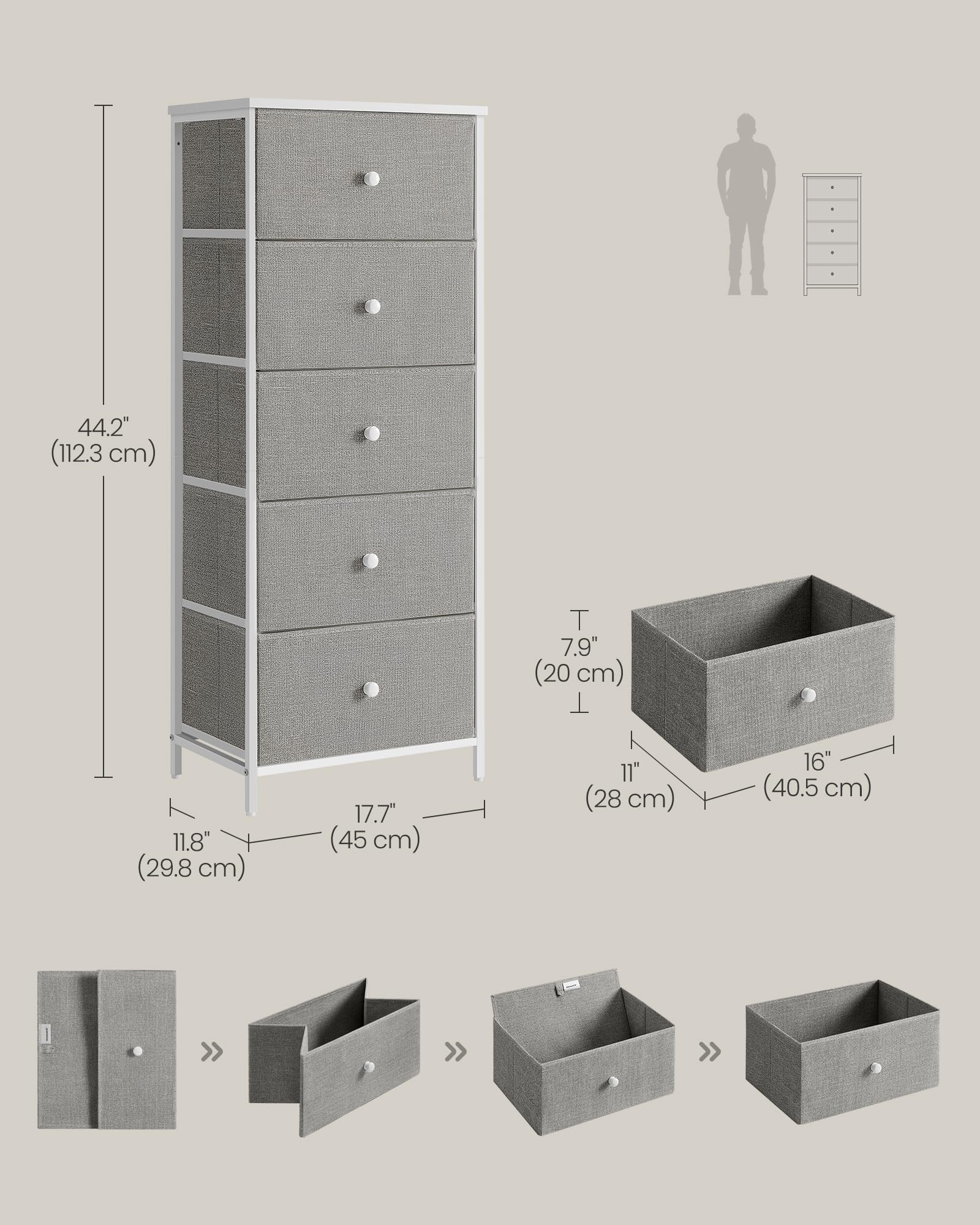 SONGMICS Chest of Drawers - 5 Fabric Drawers, Metal Frame, Tall & Slim Storage | Dove Grey/Cream White 3